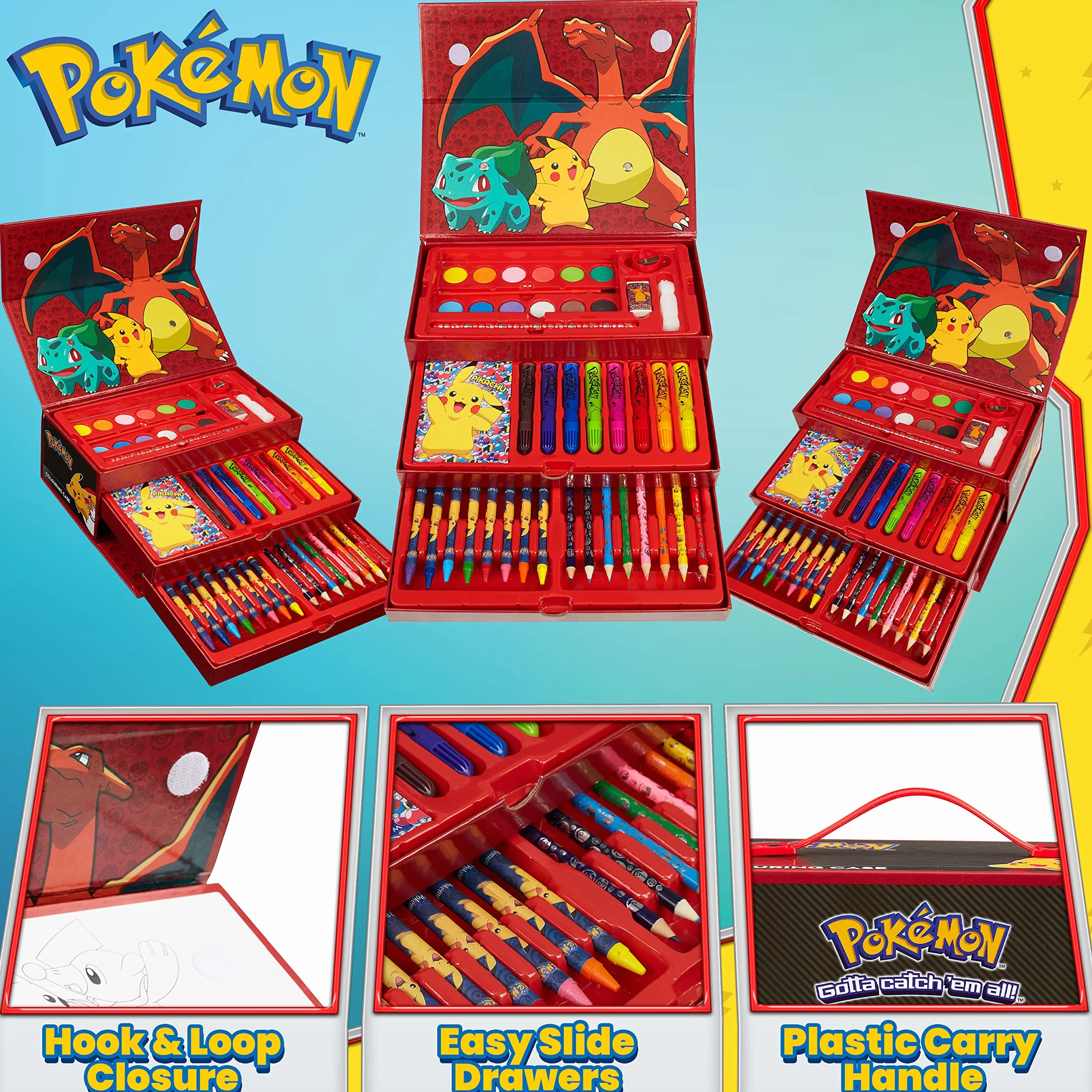 Pokemon Kit Dessin Enfant Crayons Couleur Cire Feutres Aquarelle Pikachu Noir Rouge