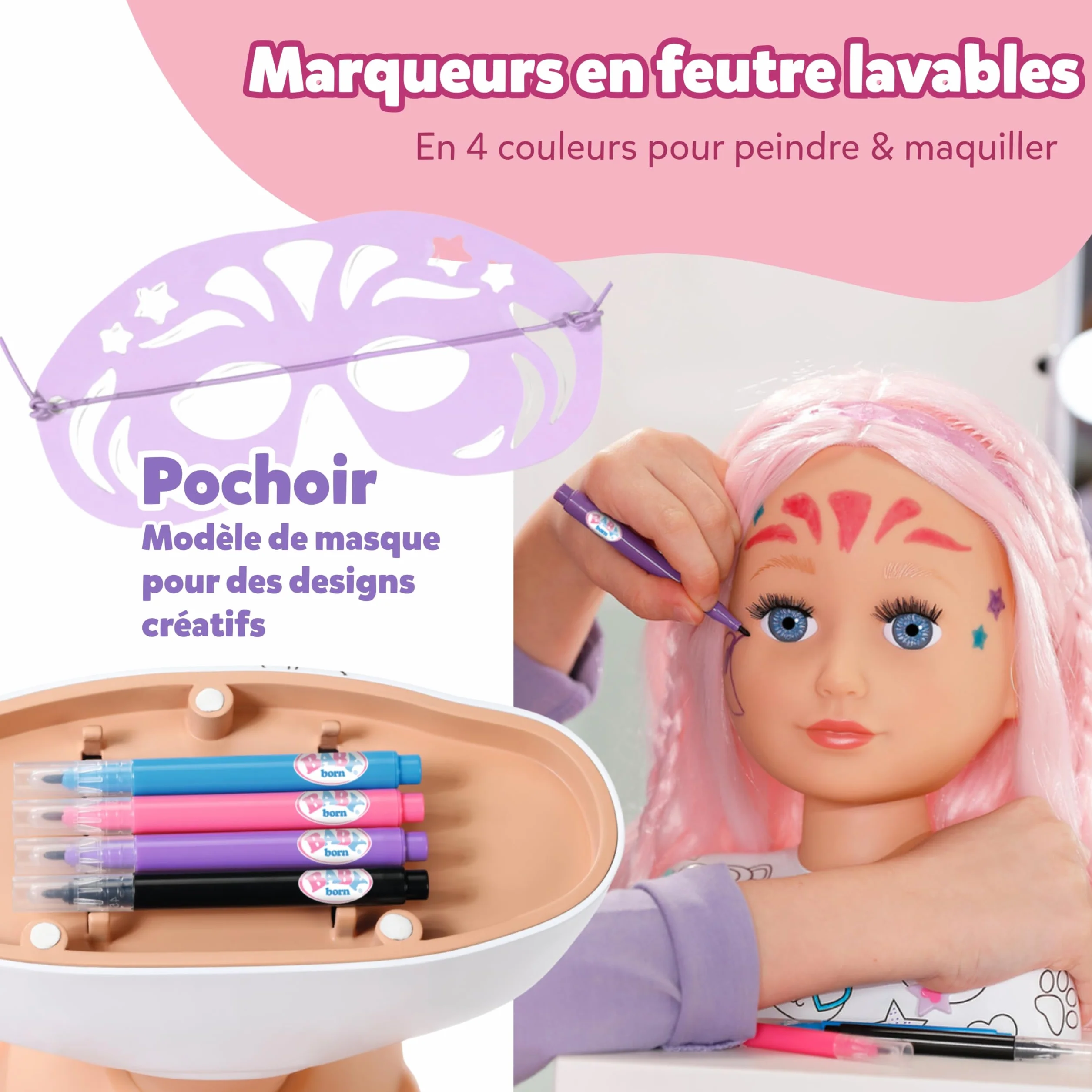 BABY born Tête de Coiffure Créative pour Enfants 3 Ans - Poupée Maquillage Cheveux Roses avec Marqueurs & Accessoires