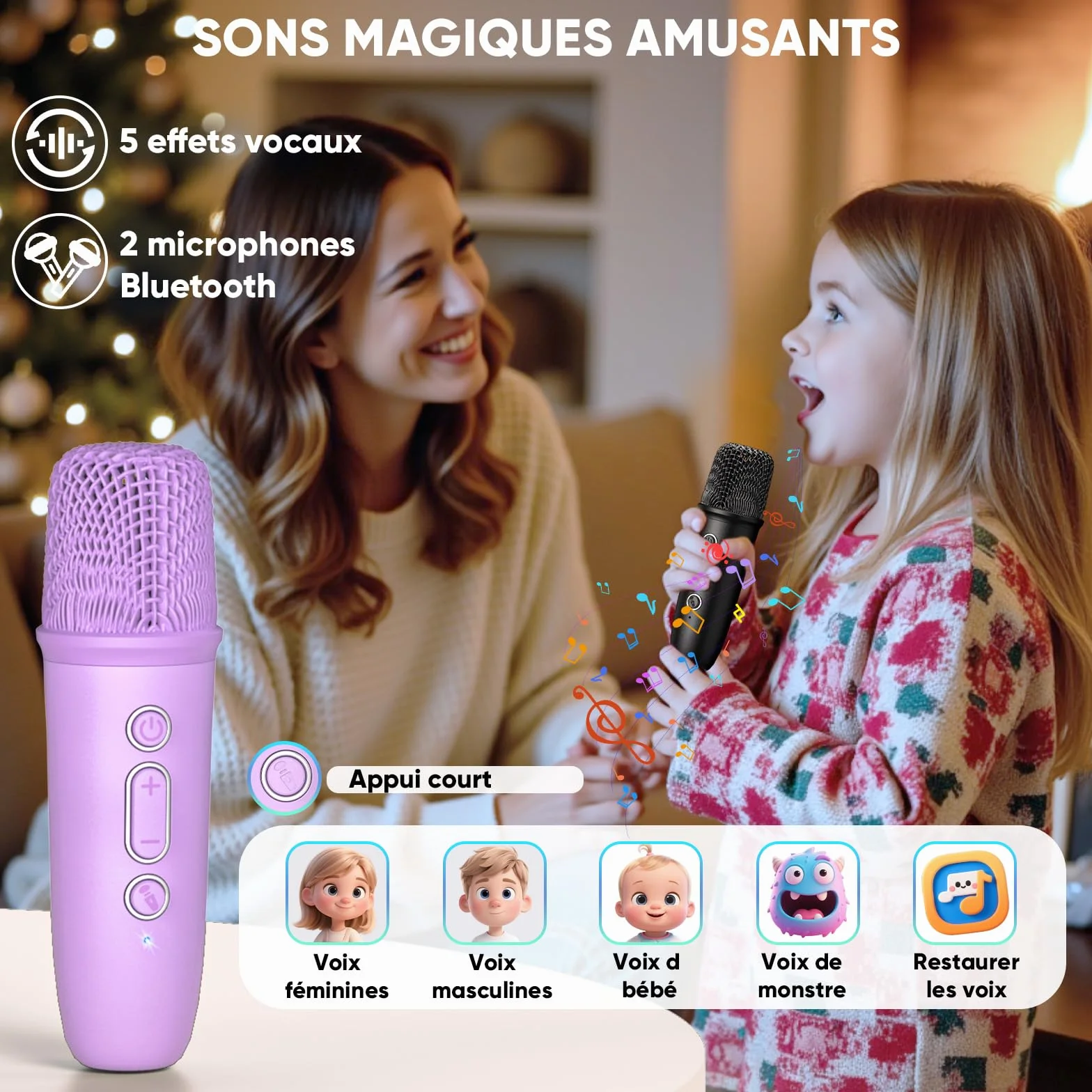 Micro Karaoke Bluetooth Enfant avec LED Disco, Enceinte Portable pour Chanter Anniversaire Famille
