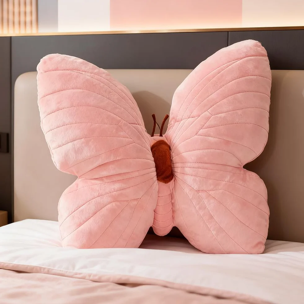 Coussin en peluche papillon 40 cm décoratif rose