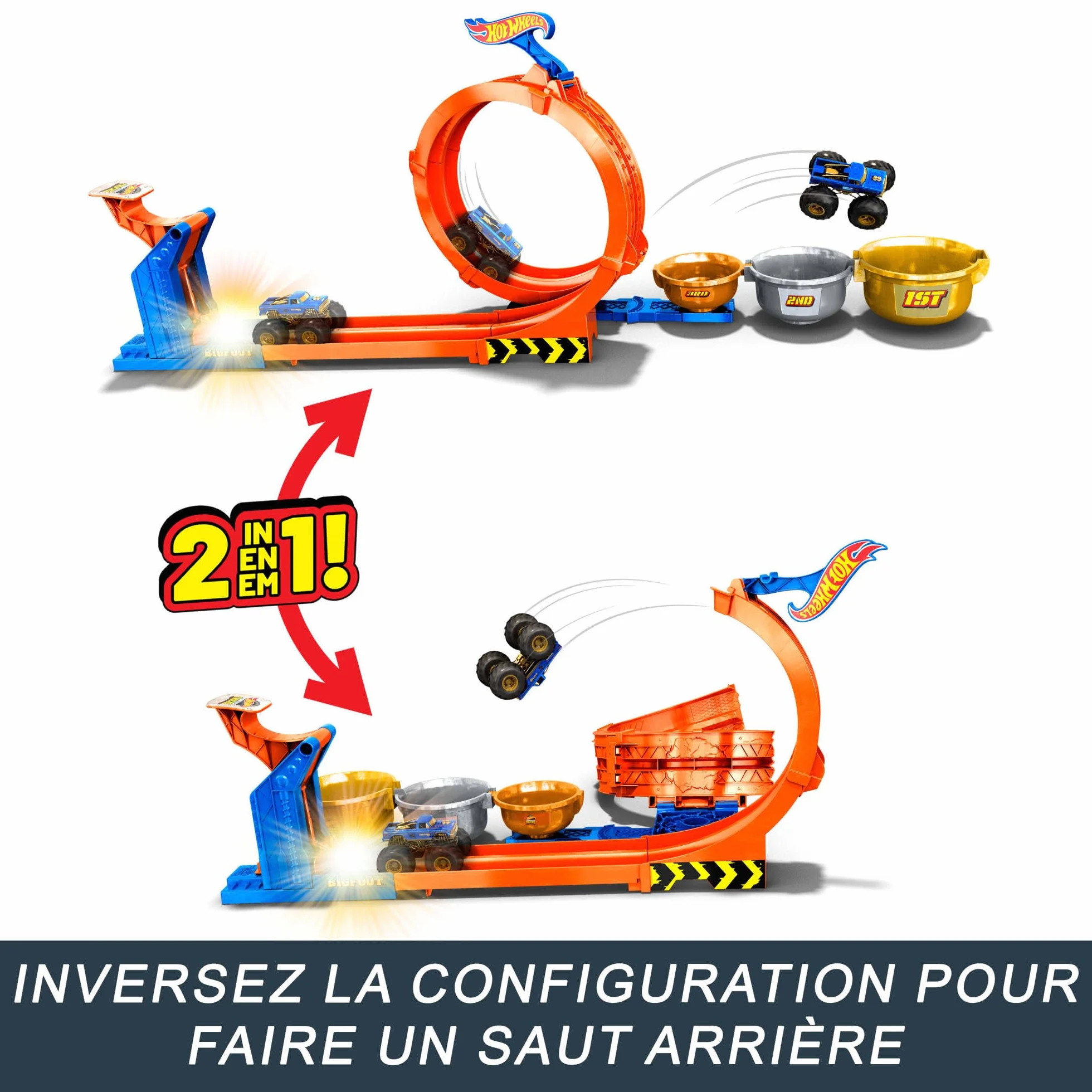 Hot Wheels Monster Trucks Défi du Trophée Tournez-et-Renversez Coffret Bigfoot 50ème anniversaire métal échelle 1/64, 2 façons de jouer, JBX64