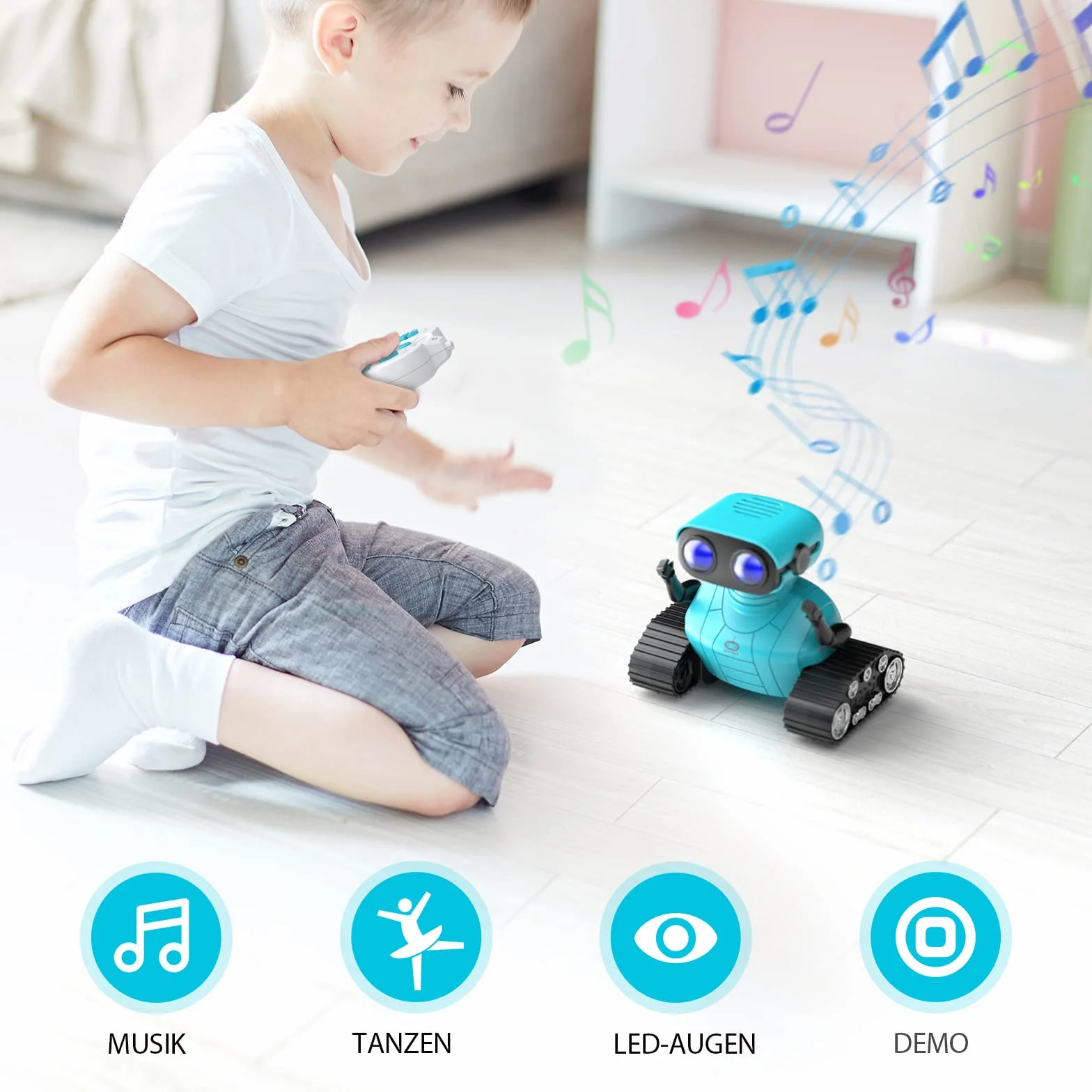 ALLCELE Robot Enfant Jouet Télécommandé Rechargeable avec Yeux LED Musique Sons pour Garçons Filles 3-8 Ans Cadeau Anniversaire Bleu