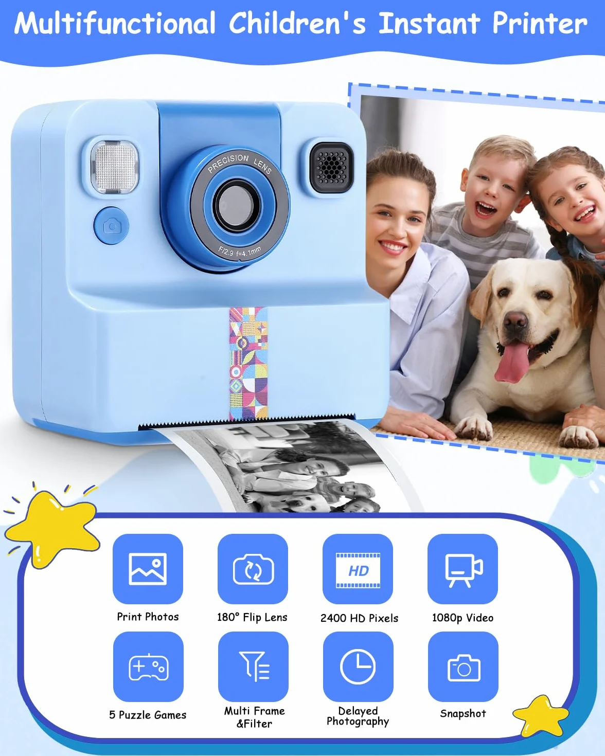 Appareil Photo Instantané Enfant 2.4" Écran 1080P Selfie Carte 32 Go Bleu