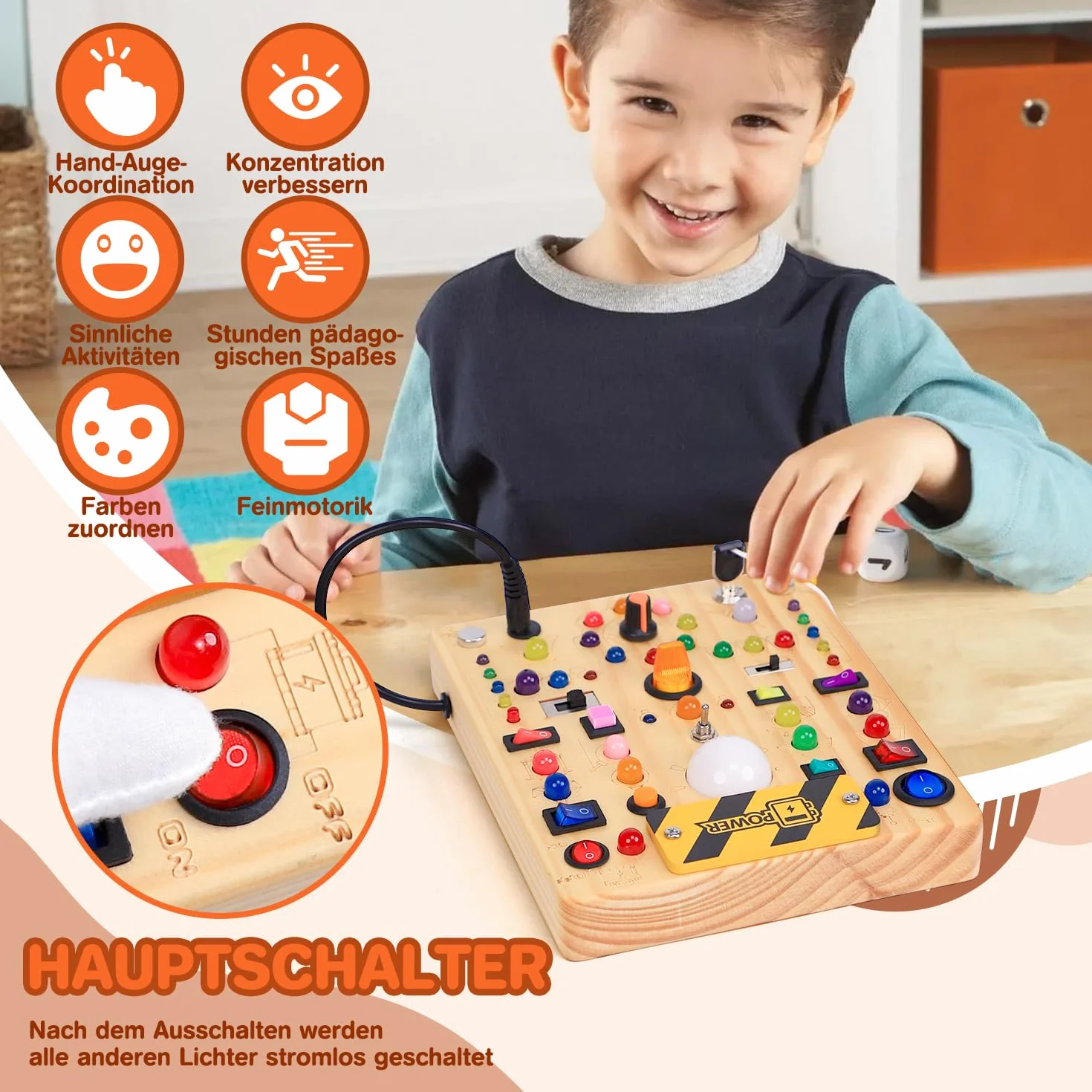 EchoToys Montessori Busy Board Jouet éducatif en bois 1-3 ans 19 interrupteurs 40 LED