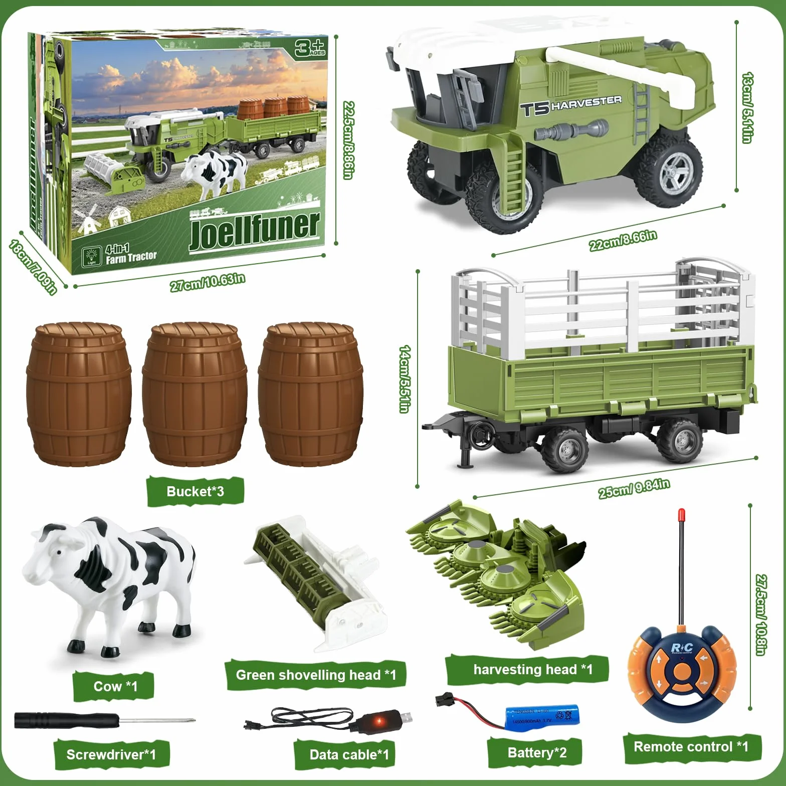 Joellfuner Moissonneuse Batteuse Télécommandée 2,4-GHz Tracteur de Ferme Electrique avec Remorque