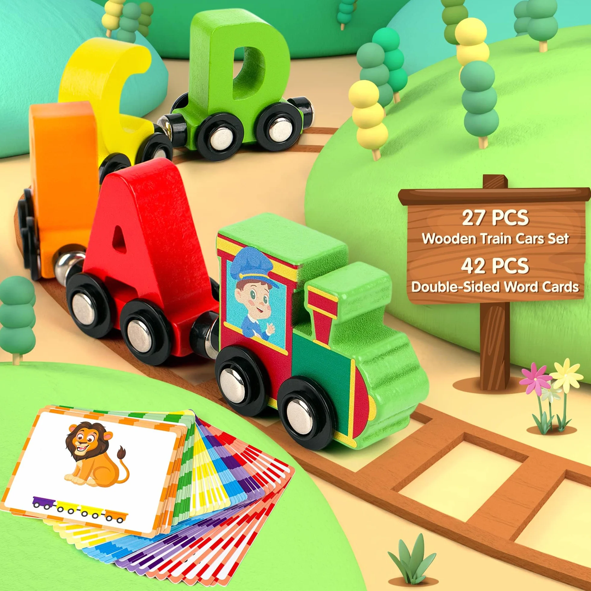 Vanmor 27pcs Magnétique en Bois Alphabet Train Set ABC Apprentissage Jouet avec 42 Cartes Mémoire Flash, Moteur, Sac de Rangement