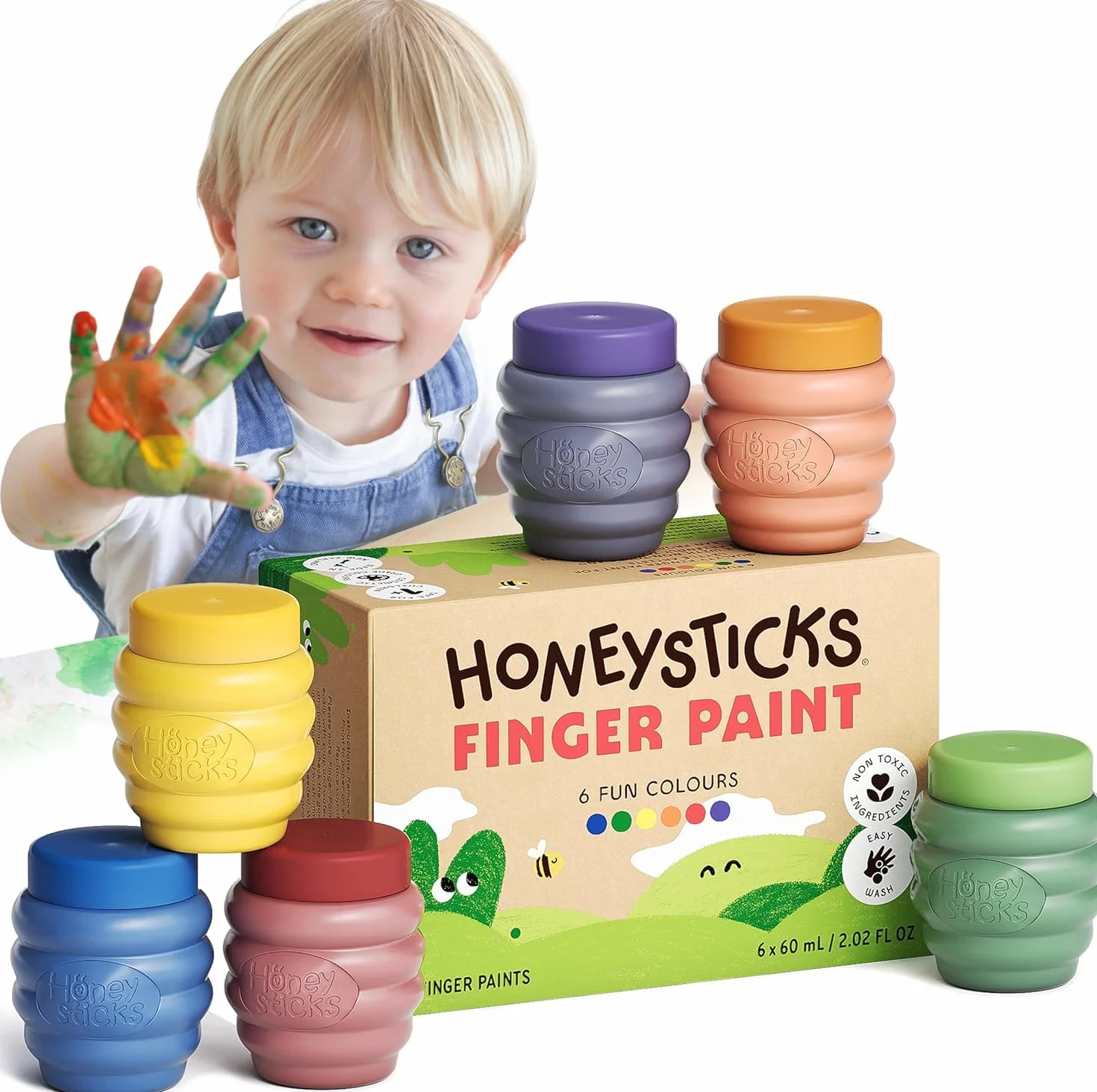 Honeysticks Peinture au Doigt 6 Couleurs Vives Lavable Sûre Enfants 1-5 Ans à Base d'Eau Écologique