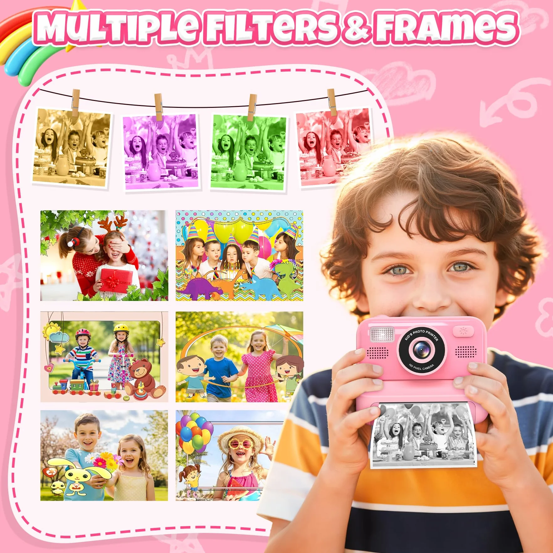 Appareil Photo Instantané Enfants 2.4" Écran Selfie avec Carte 32GB et 3 Rouleaux Papier, Jouet Cadeau Noël Fille Garçon 3-12 Ans Rose
