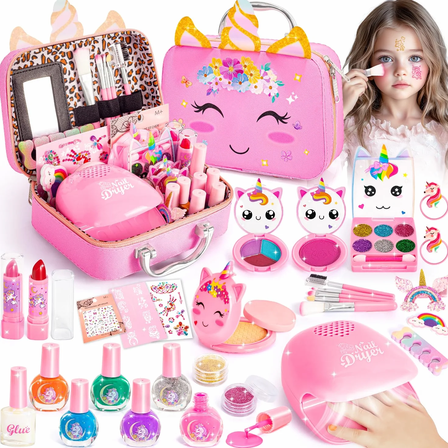 Malette Maquillage Enfant Fille Lavable avec Vernis à Ongles Rouge à Lèvres Jouet Cadeau 3-10 ans
