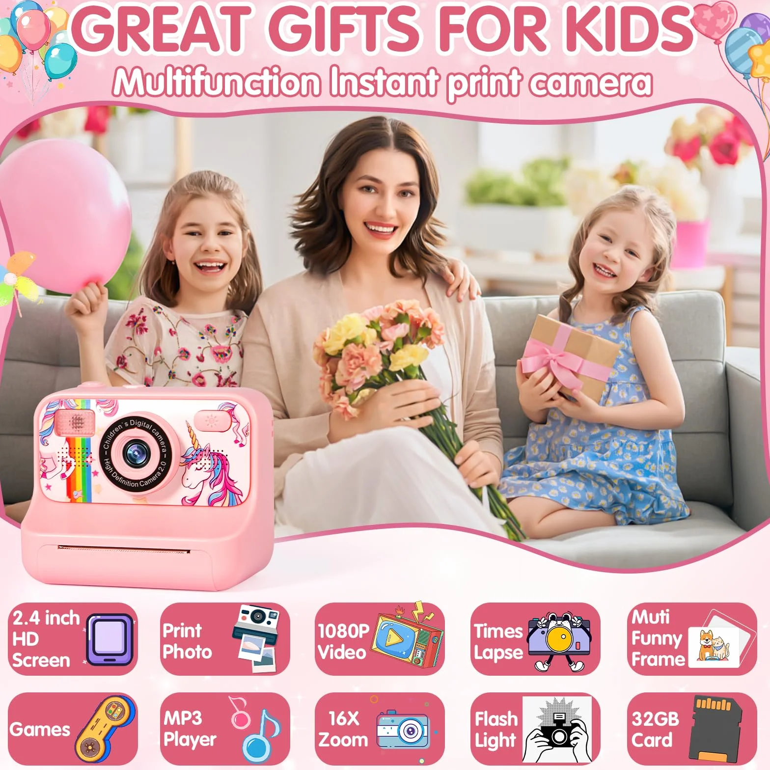 Appareil Photo Instantané Enfant 1080P Numérique avec Carte 32GB, 2.4 Pouces, Cadeau Filles Garçons 3-12 Ans
