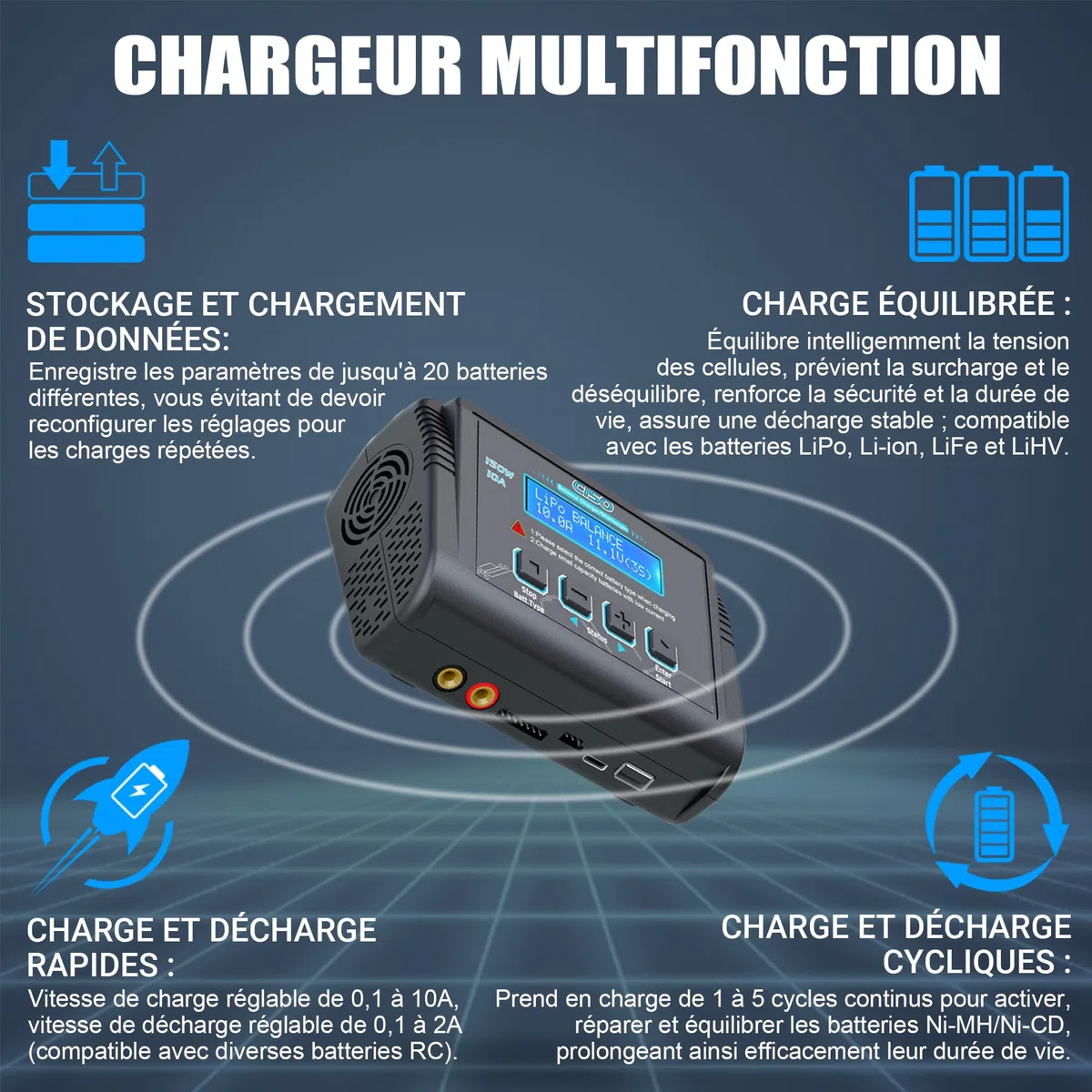 HTRC C150 Chargeur Lipo 150W 10A – Chargeur Batterie Lipo et Équilibreur pour LiHV/LiPo/Li-ION/Life (1-6S), NiMH/NiCd (1-15S), PB (2-20V) – Entrée AC/DC, Écran LCD, 20 Mémoires