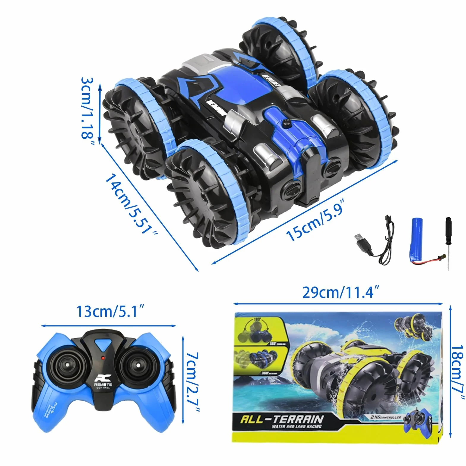 Zequech Véhicule amphibie télécommandé, Rotation à 360°, télécommande 2.4GHz, étanche, pour Enfants 6 Ans+, Bleu