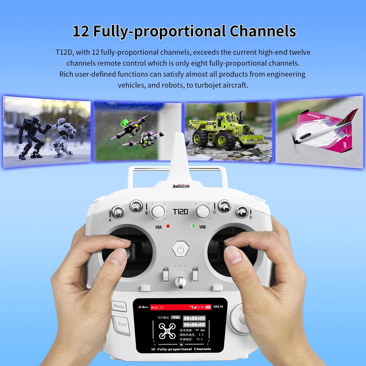 Radiolink T12D 12CH 2.4G Émetteur RC Récepteur R12F, prend en charge les modules ELRS/Crossfire longue portée, 50 modèles de stockage, télécommande RC longue portée de 4 km pour avion télécommandé,