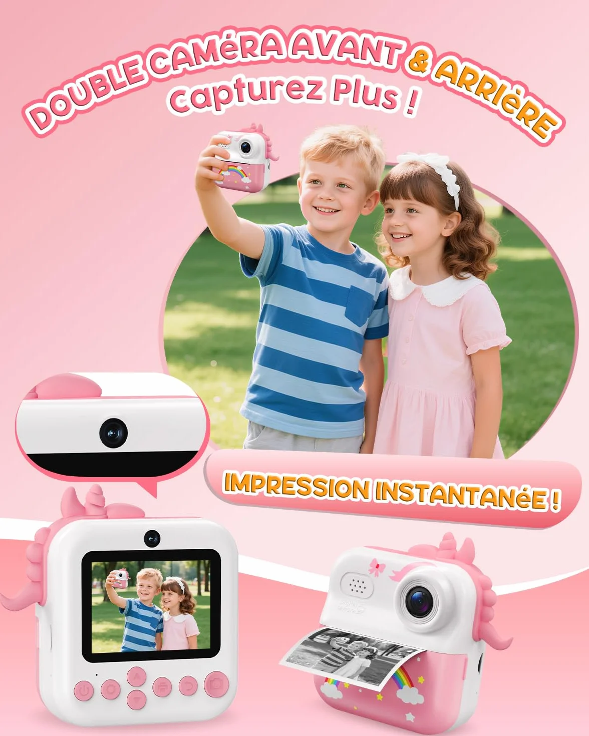 Appareil Photo Enfant 2,4" Instantané Rechargeable avec Papier d'impression 32GB Cadeau Filles Garçons 3-12 Ans