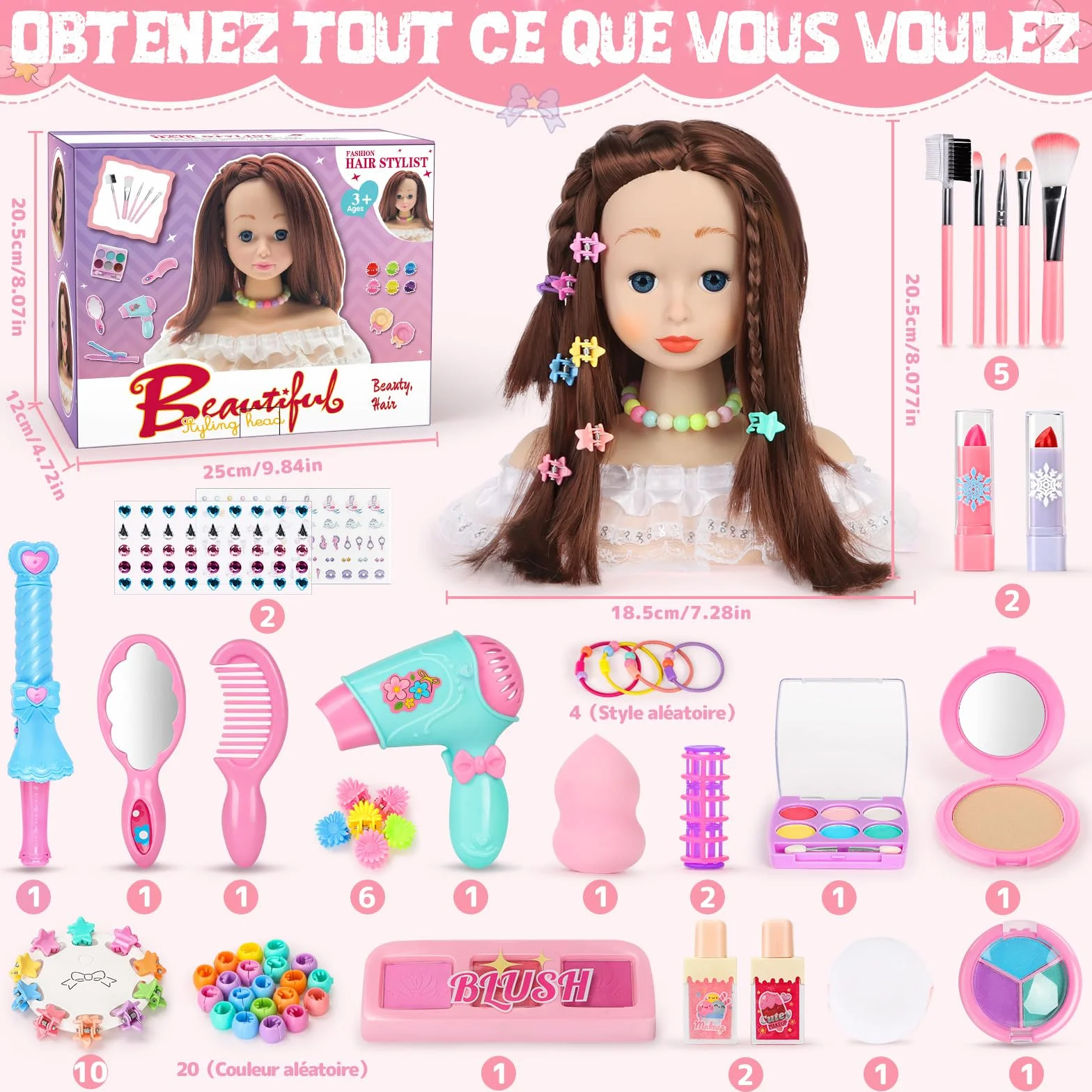 Têtes à Coiffer Enfant 66 Pièces Jouet de Maquillage et de Coiffure Cadeau Anniversaire Noël 3 Ans