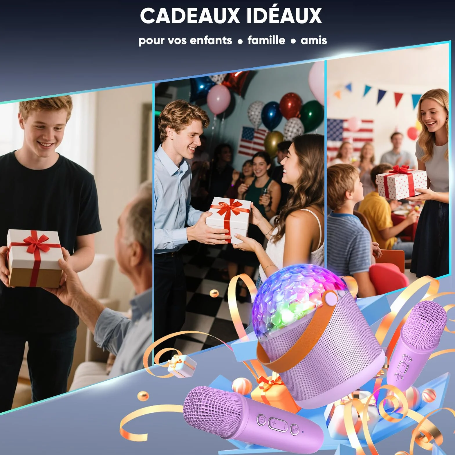 Micro Karaoke Bluetooth Enfant avec LED Disco, Enceinte Portable pour Chanter Anniversaire Famille