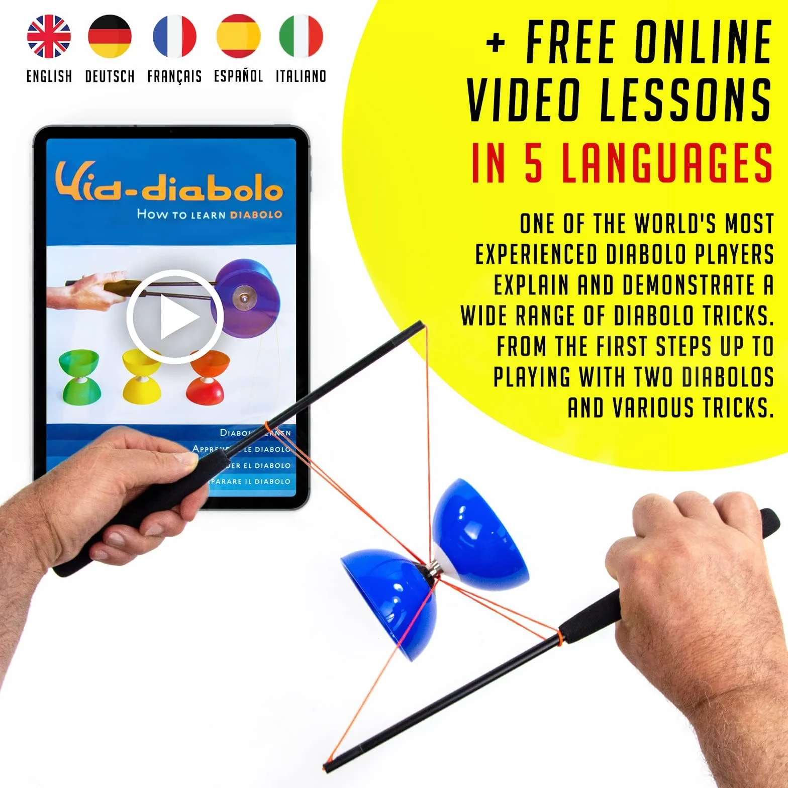 Juggle Dream Carousel Diabolo Jonglage Kit - Essieu Triple Roulement à Billes, Baguettes Superglass, Vidéo d'apprentissage en Ligne (Rouge)