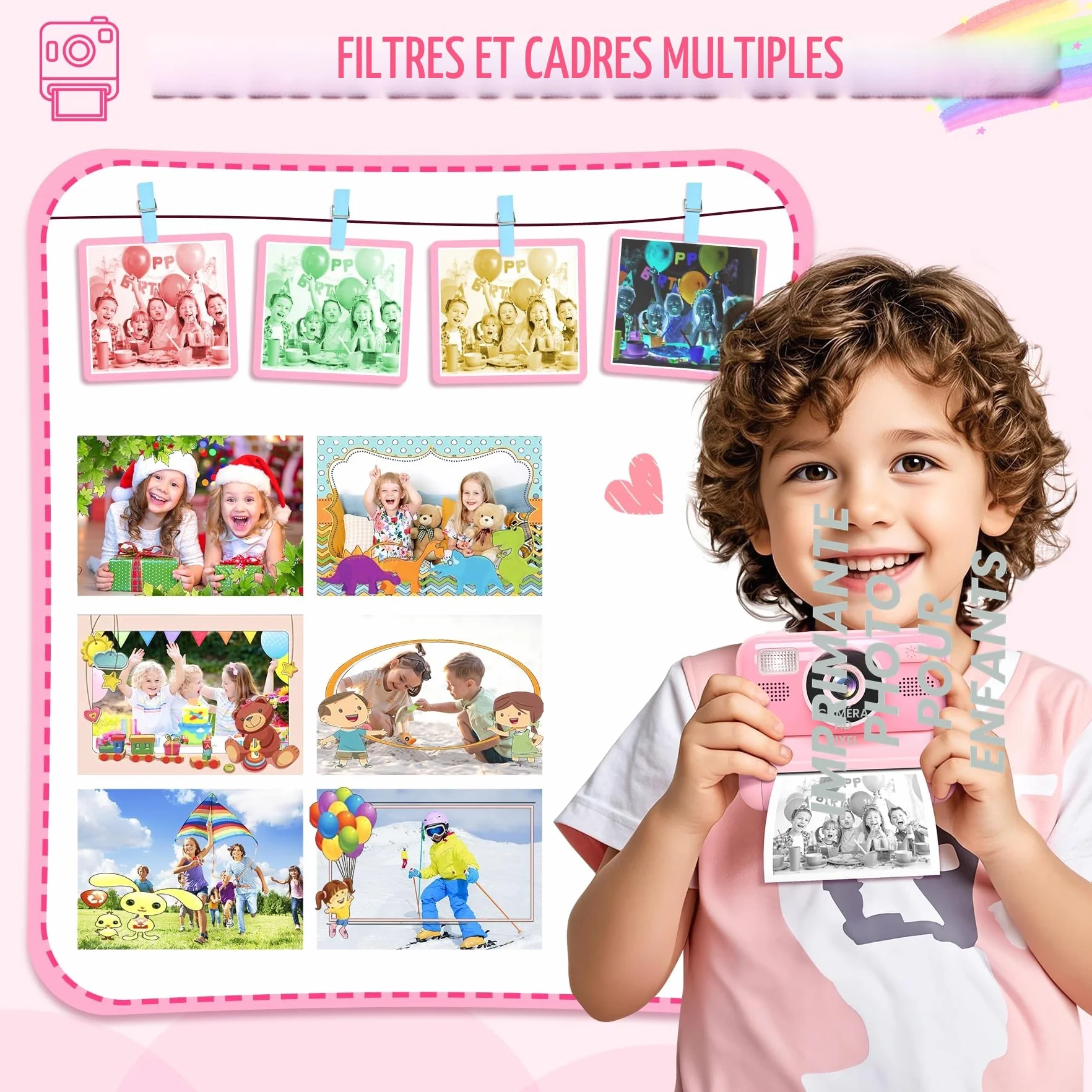Appareil Photo Instantané Enfant 2.4 Écran Numérique avec Mode Selfie 32GB Papier d'impression Cadeau Jouet Garçons Filles 3-12 Ans Rose