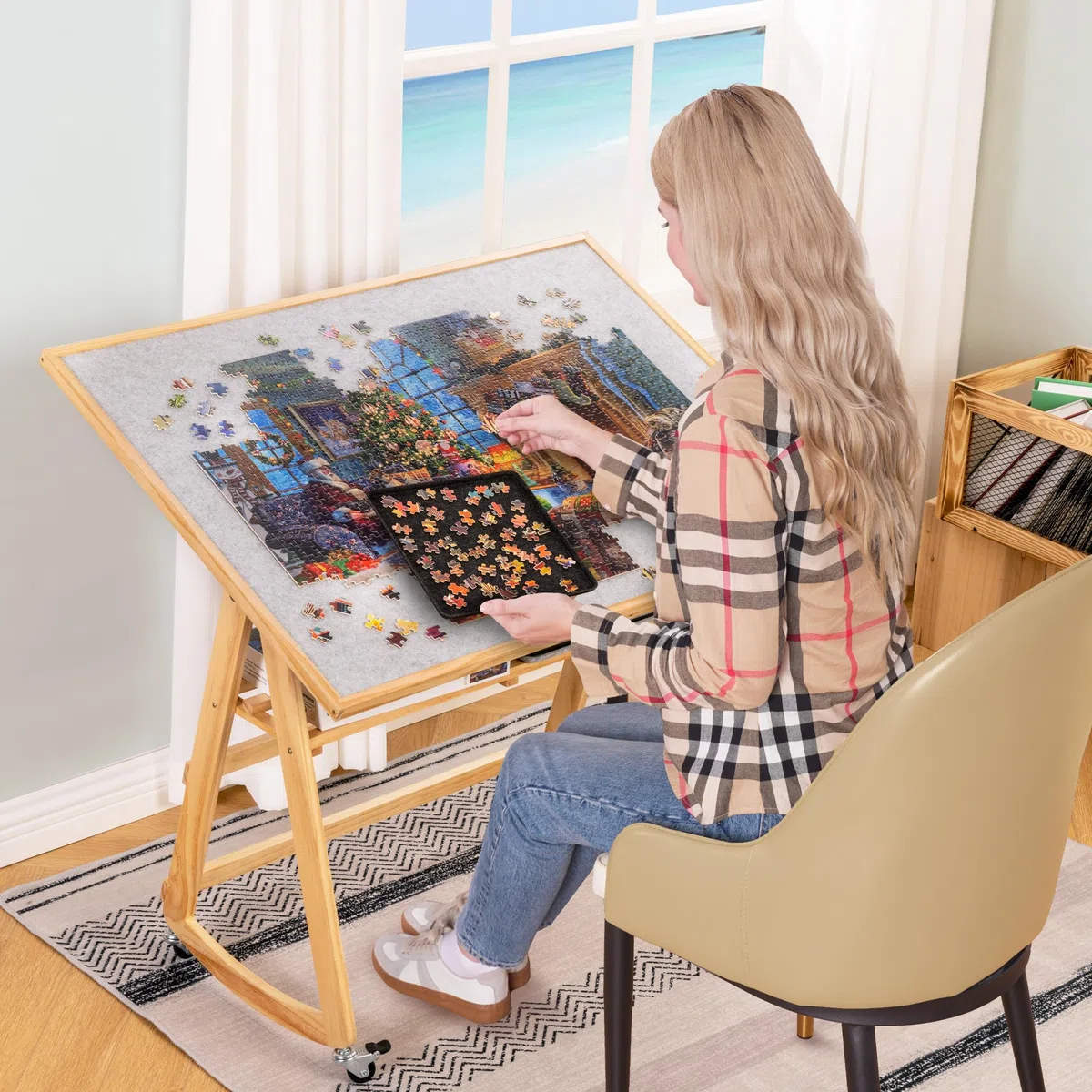 LAVIEVERT Table de puzzle de 1500 pièces avec pieds et housse, chevalet réglable en bois avec étagère de rangement, table de puzzle inclinable portable avec 4 roues roulantes pour adultes