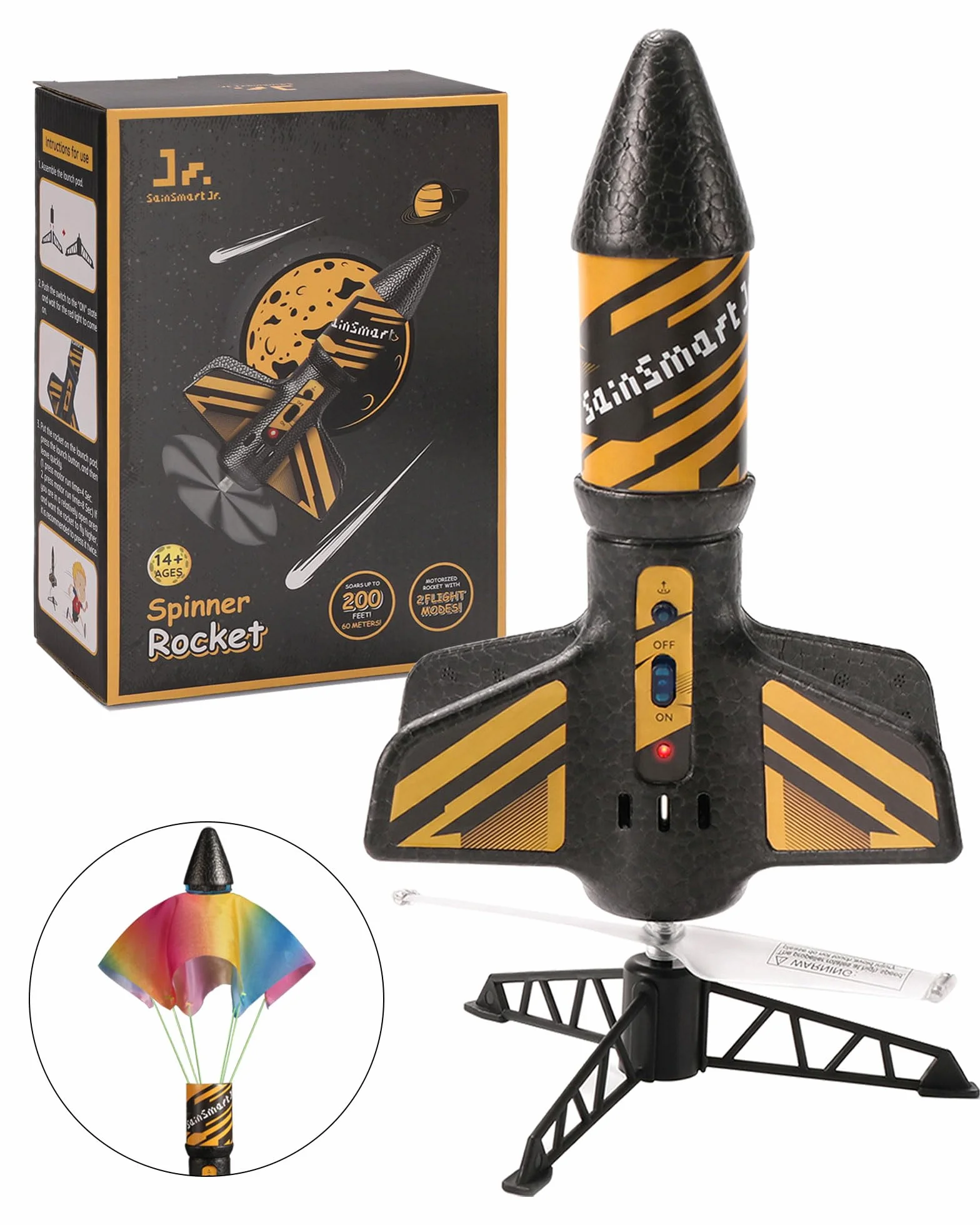 SainSmart Jr. Jouet de fusée motorisée avec Parachute, démarrage 61 mètres, Jouet d'extérieur Enfants 8-12 Ans Noir