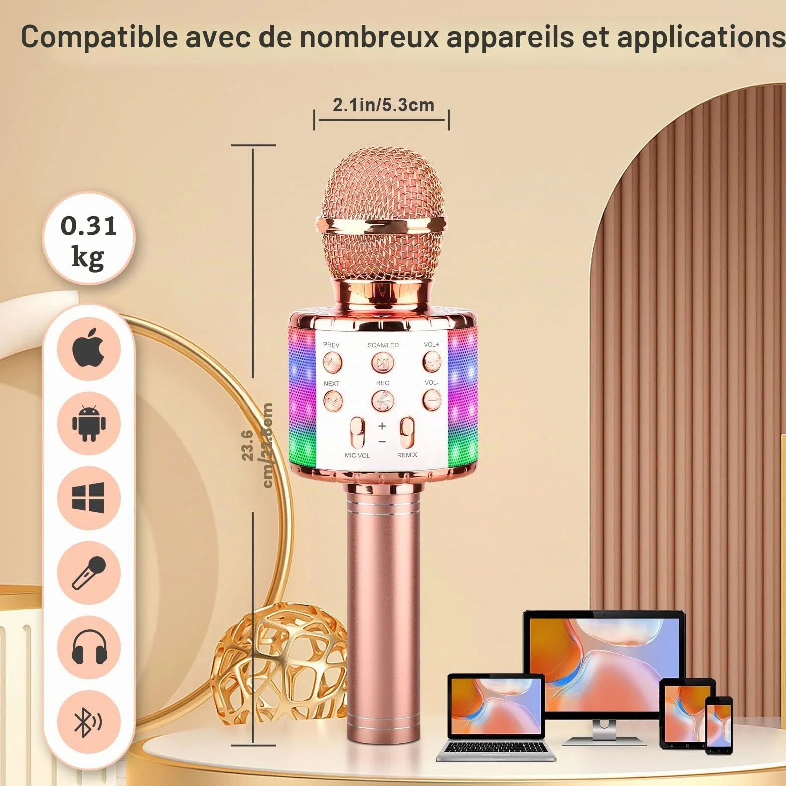 Microphone Karaoke sans Fil Bluetooth Portable avec LED Lumière Disco pour Enfants Adultes Chanter Compatible Android iOS PC Smartphone Or Rose