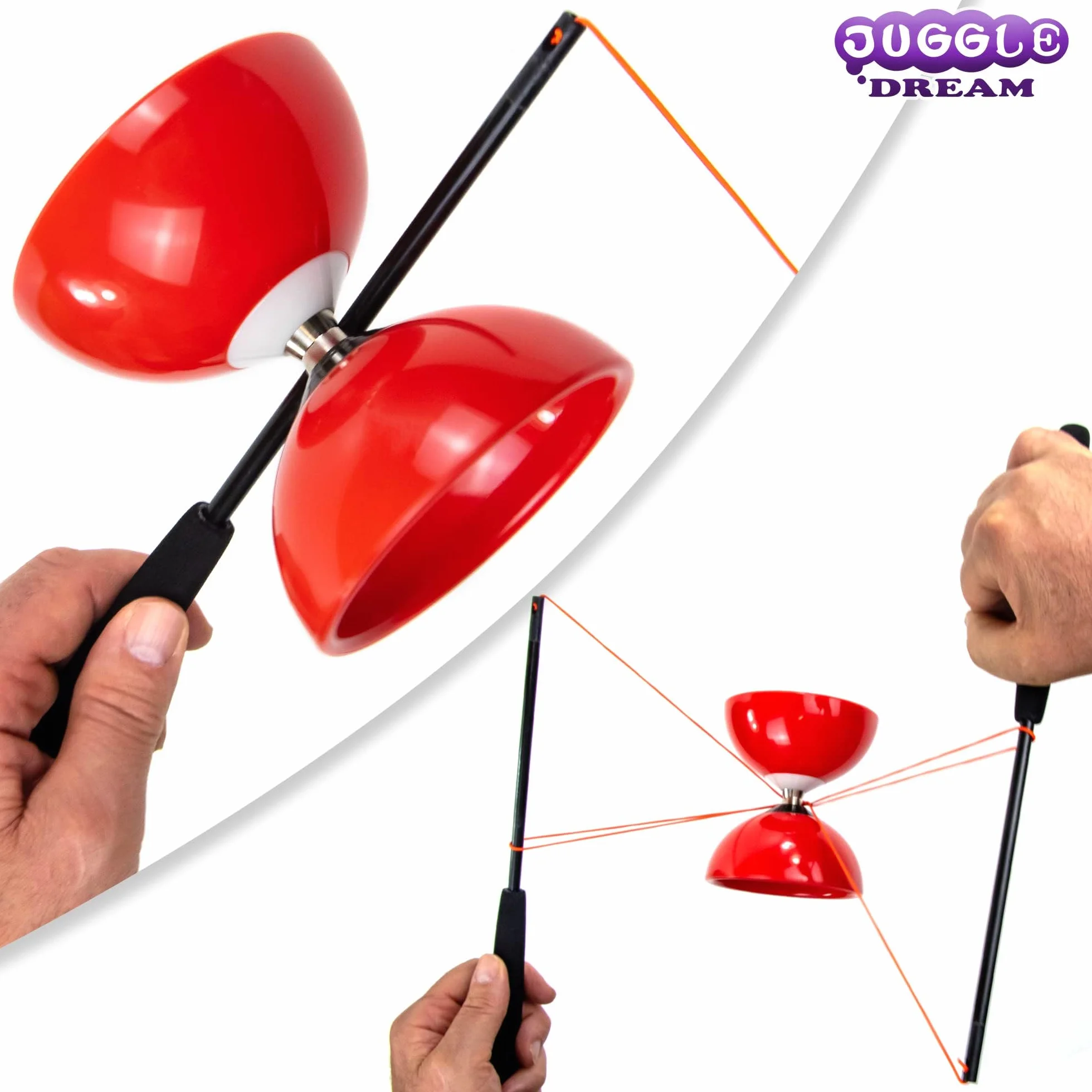 Juggle Dream Carousel Diabolo Jonglage Kit - Essieu Triple Roulement à Billes, Baguettes Superglass, Vidéo d'apprentissage en Ligne (Rouge)