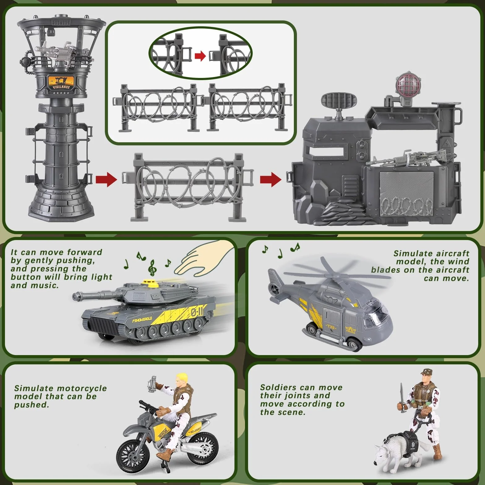 Base Militaire Jouets Véhicules Figurines Soldats Moto Combat 3+ Ans