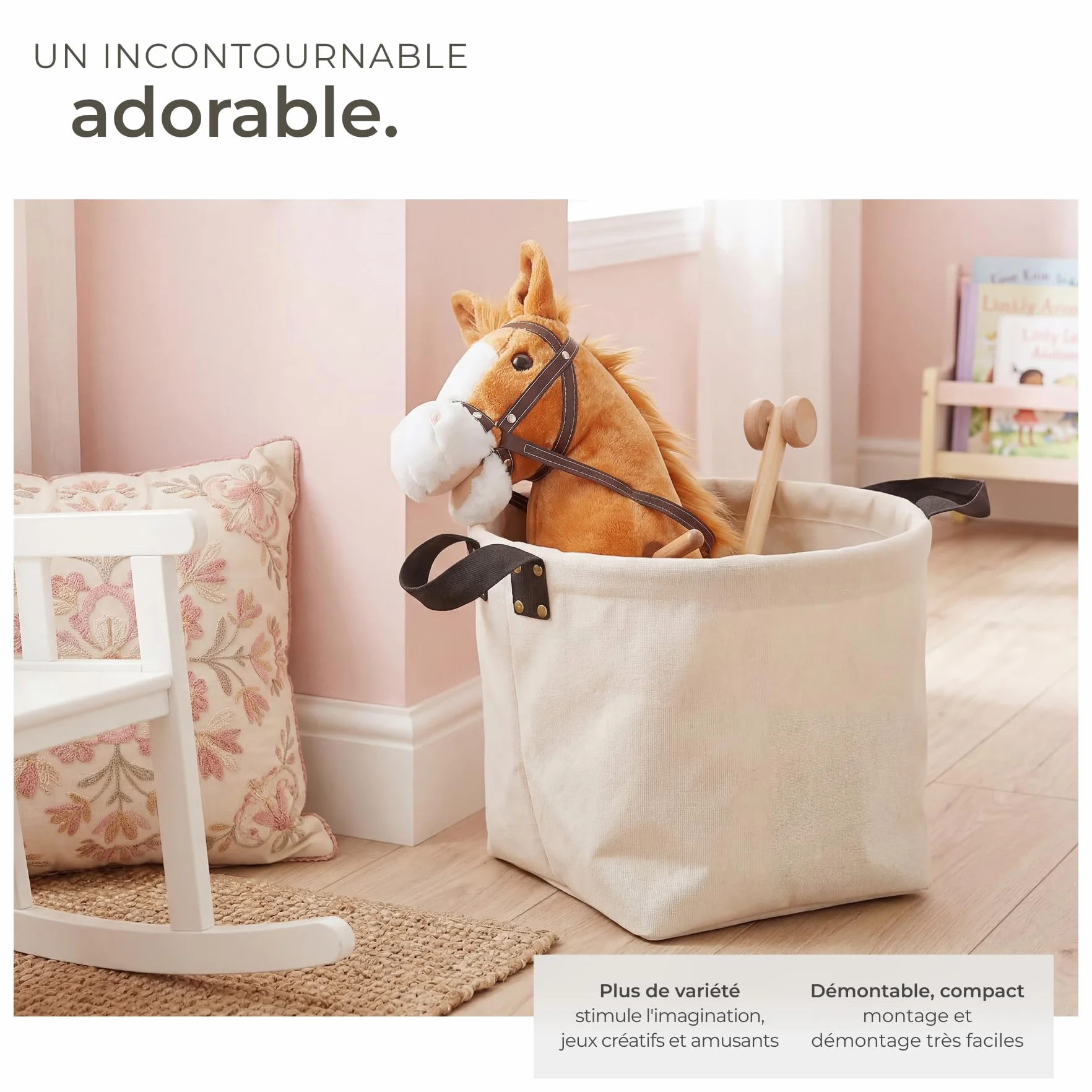 Tectake Hobby Horse 103 cm, Cheval Bâton à partir de 24 Mois, Poignées Latérales et Roulettes, Peluche Douce