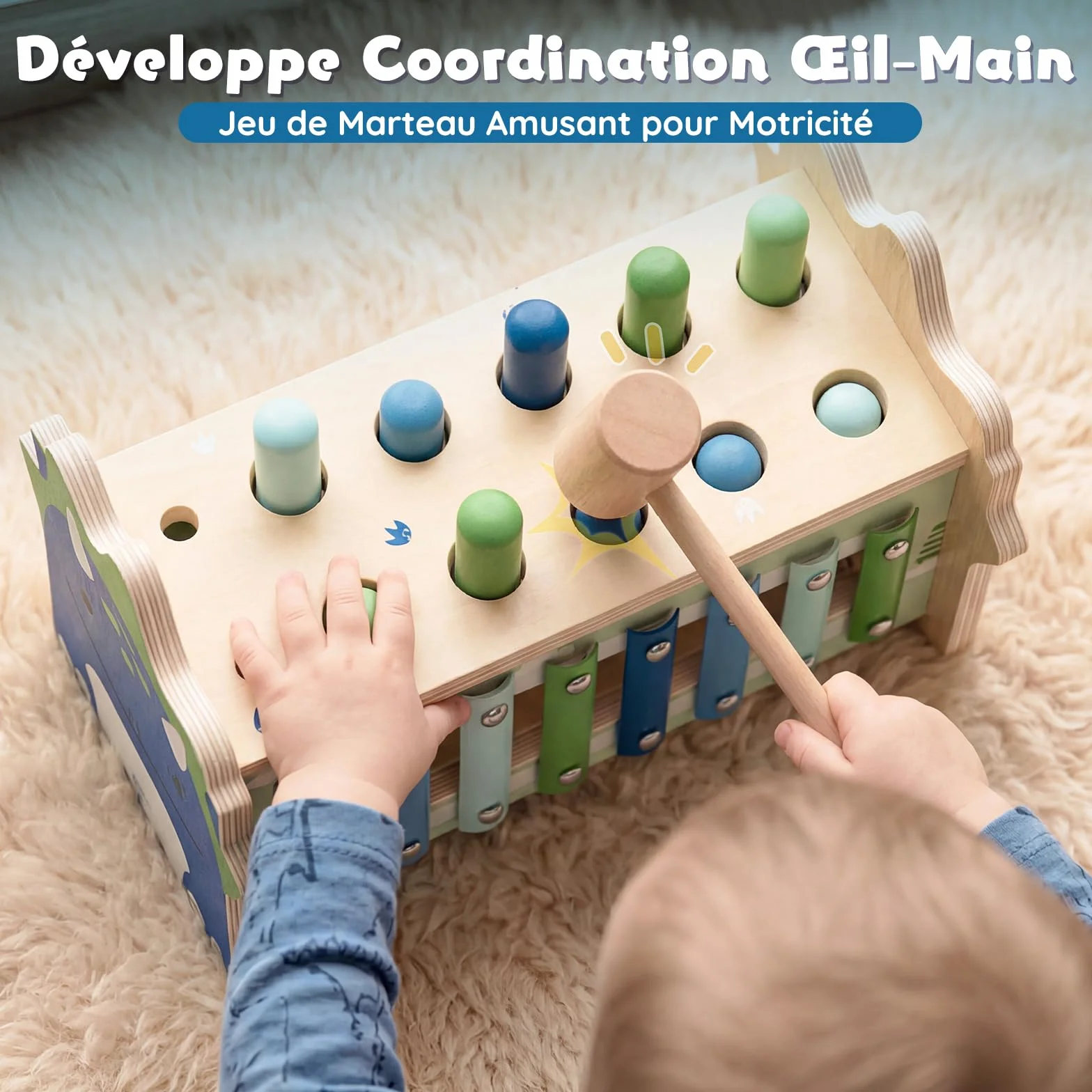 Jouets Montessori 1 An, Jouet en Bois avec Xylophone et Marteaux, Jouets d'Éveil Motricité pour Tout-petits 1-3 Ans