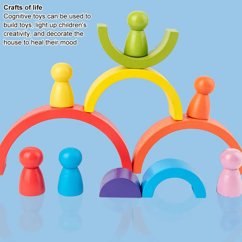 Kiuiom Arc en Ciel Bois Montessori Jouet Bloc De Construction 4 Pièces pour Enfants