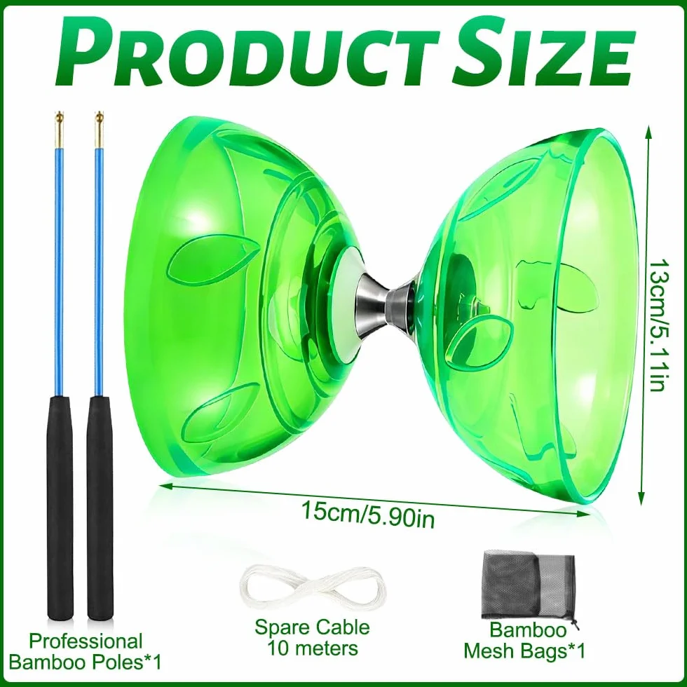 Kit de Jonglerie Diabolo avec Roulement à Billes et Lumière LED, Caoutchouc Souple Transparent, Vert