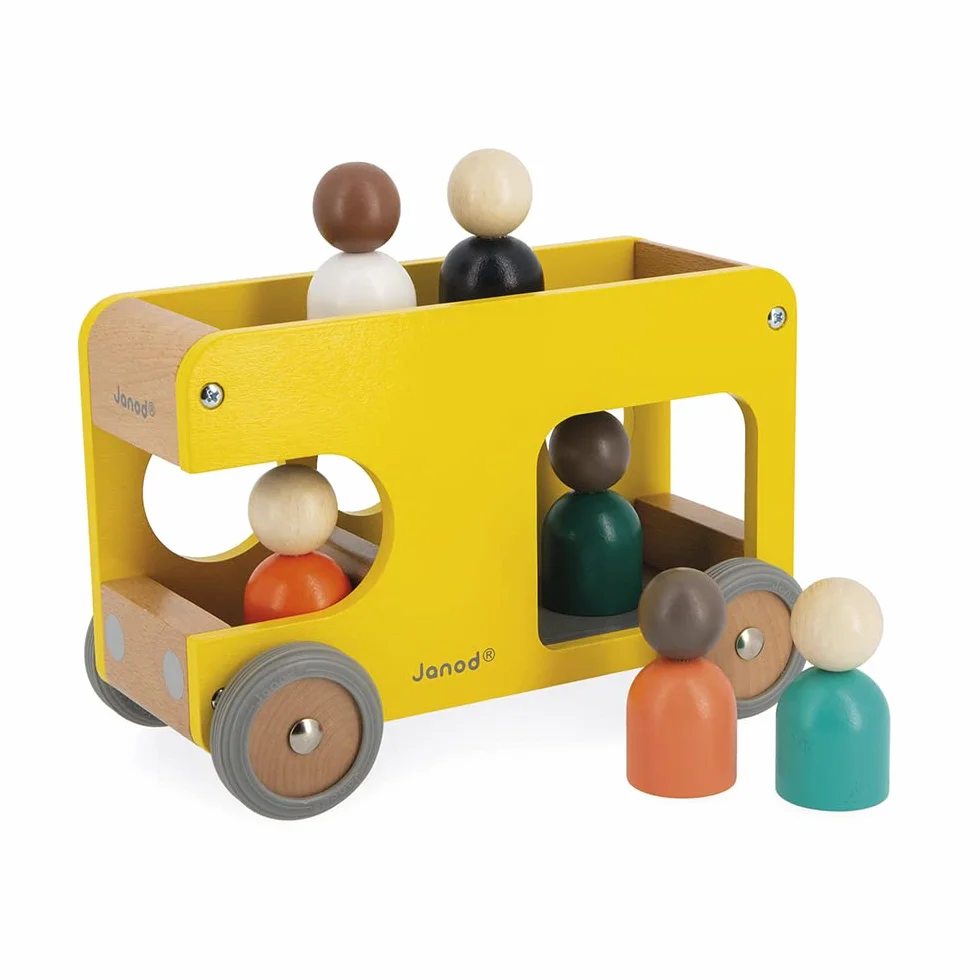 Janod Bus Scolaire en Bois Massif Bolid - 6 Personnages Inclus - Roues Silencieuses - Dès 2 Ans