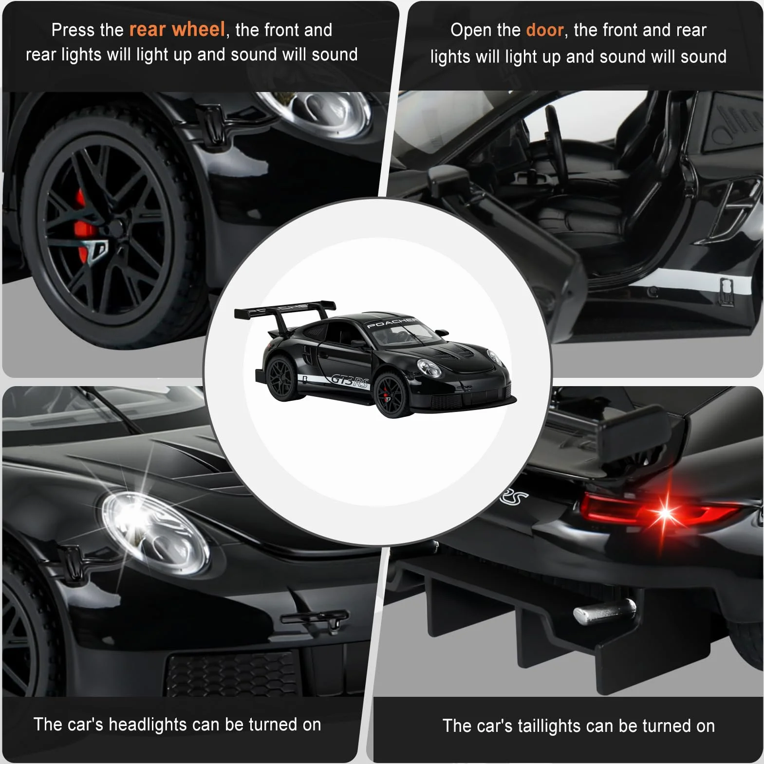 911 GT3RS 1:32 Voiture Miniature en Métal Moulé sous Pression avec Son et Lumière, Jouet pour Enfants (Noir)