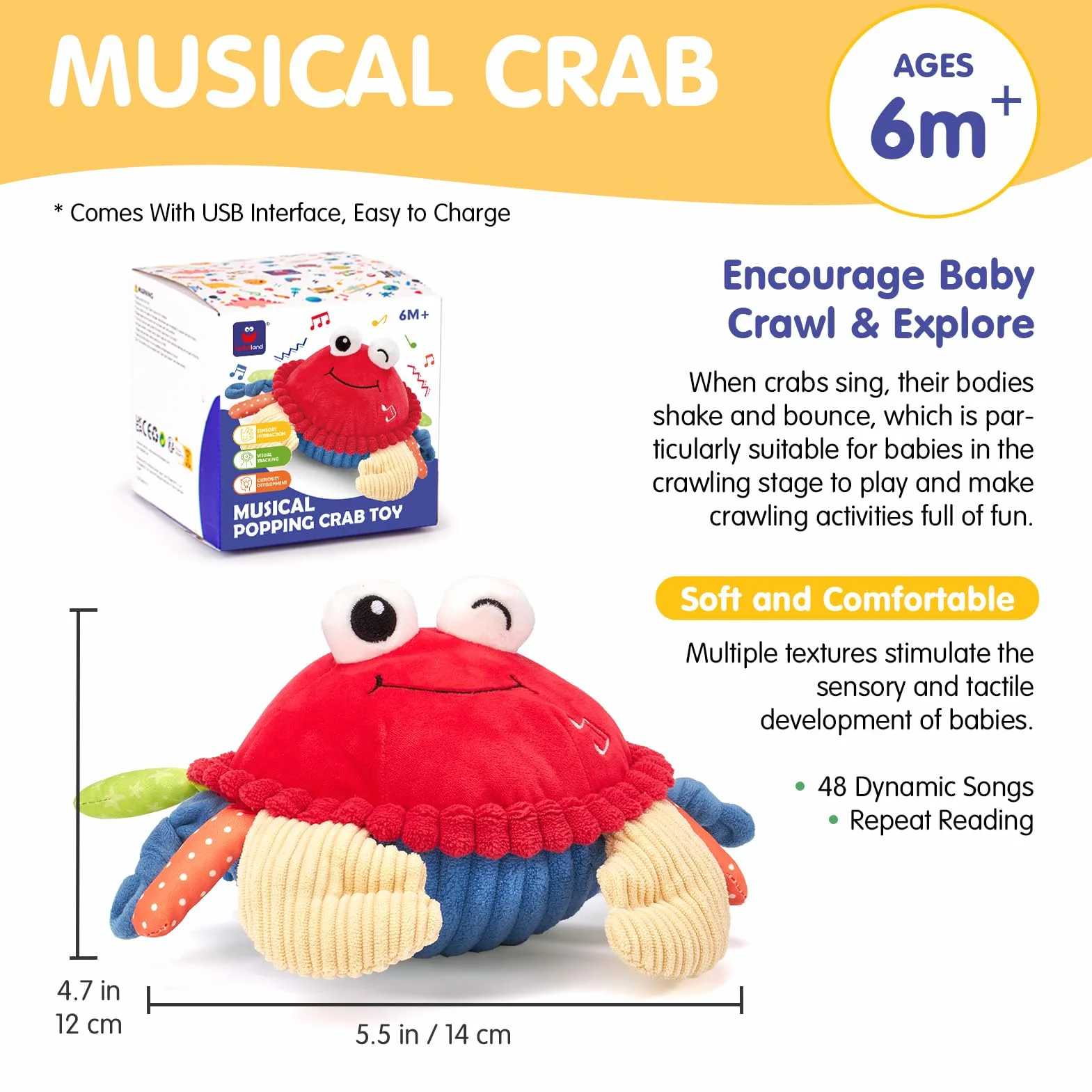 Jouet Bebe 6-12 Mois, Crabe Qui Marche avec Musique et Enregistrement, Jouets en Peluche Interactifs Tummy Time