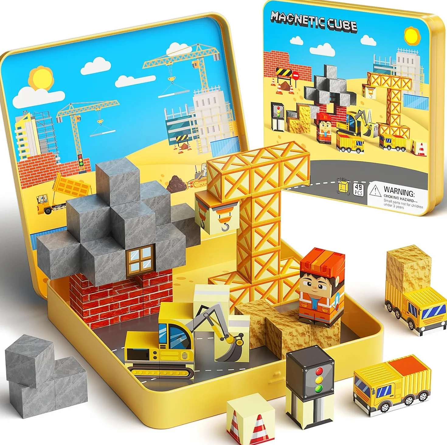Jeu de Construction Magnétique Enfant 49 Blocs Empilables avec Boîte de Rangement Cadeau Garçons Filles 3+ Ans