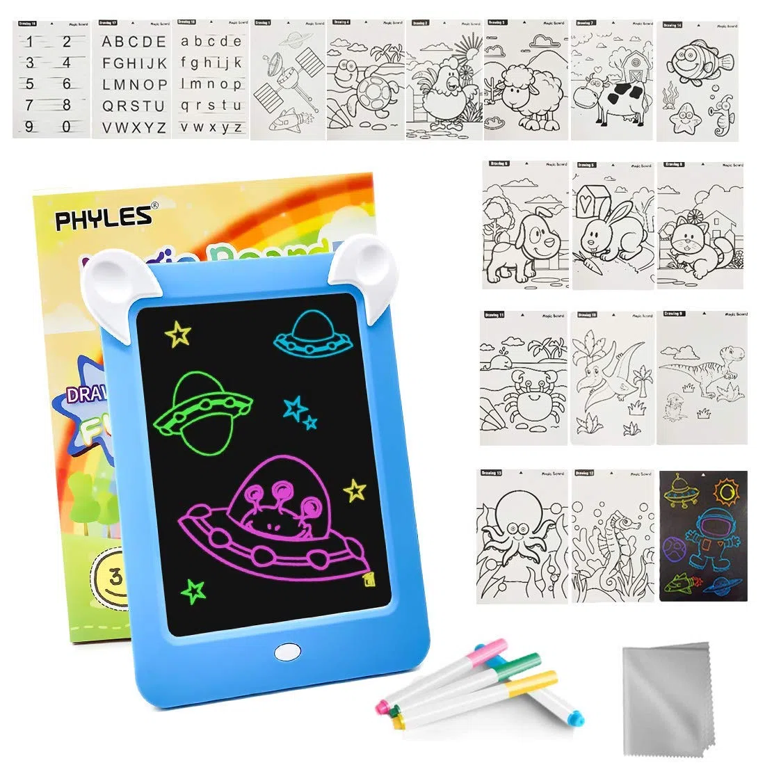 PHYLES Tableau Magique, Ardoise Magique pour Enfant, Tableau Magique Lumineuse Bebe Dessin Multifonction avec 8 Effets Lumineux - Loisir Créatif Jouet Educatif pour Votre Petit Artiste (Blue)