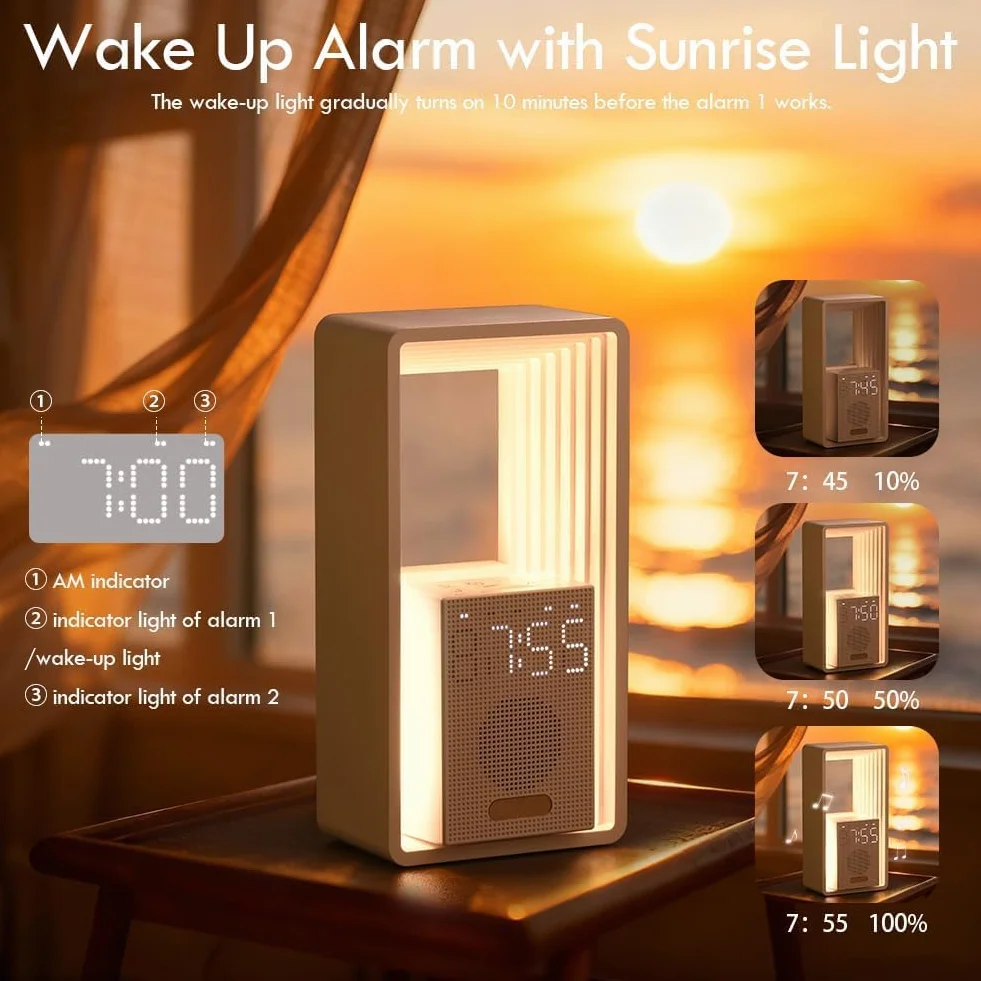 FullView Réveil intelligent simulation lever coucher soleil contrôle application double alarme lumière ambiance multicolore chargement sans fil