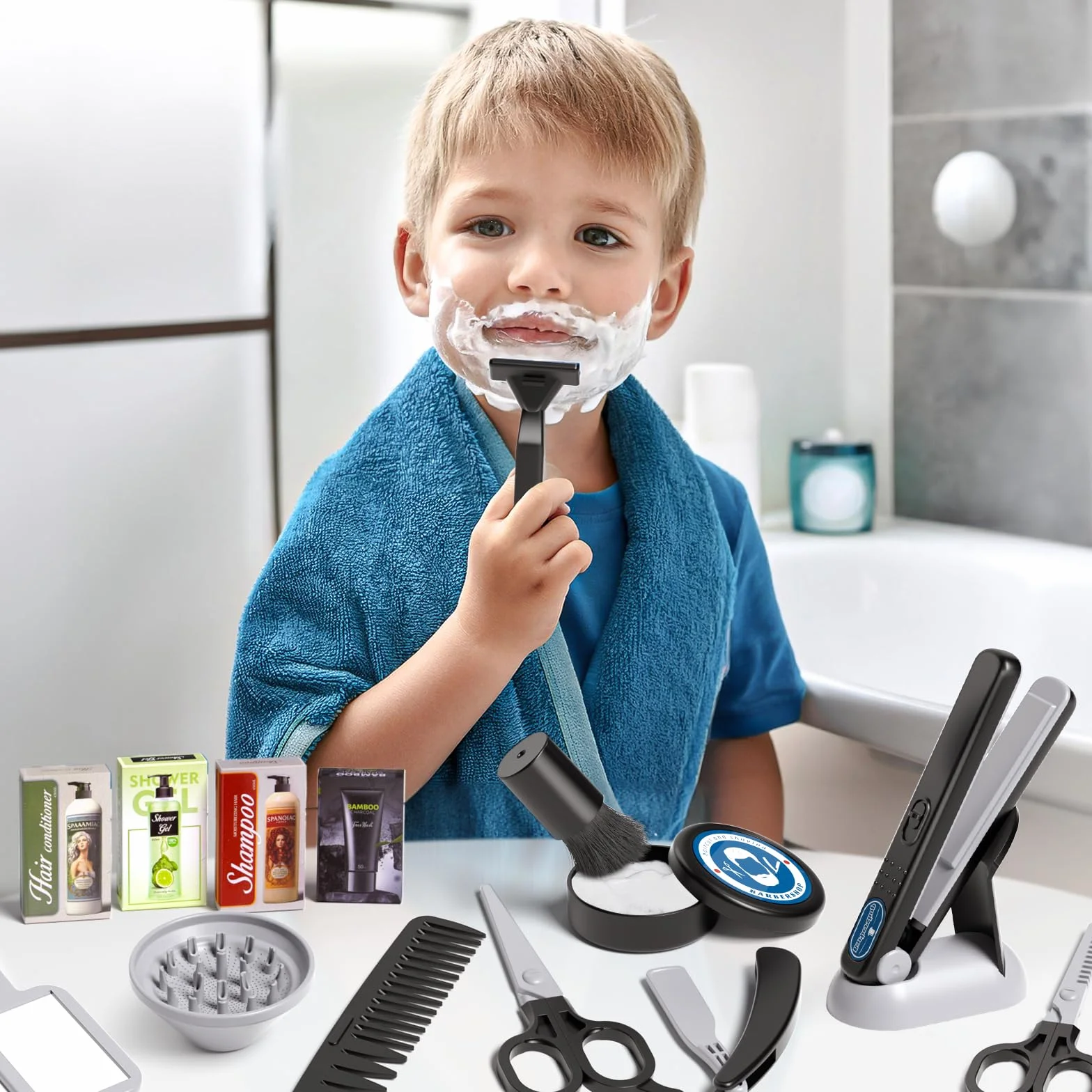 Tacobear Kit de Coiffure pour Enfants, Jouets de Salon avec Sèche Cheveux Rasoir Lisseur, Cadeau pour Garçons 3-8 Ans