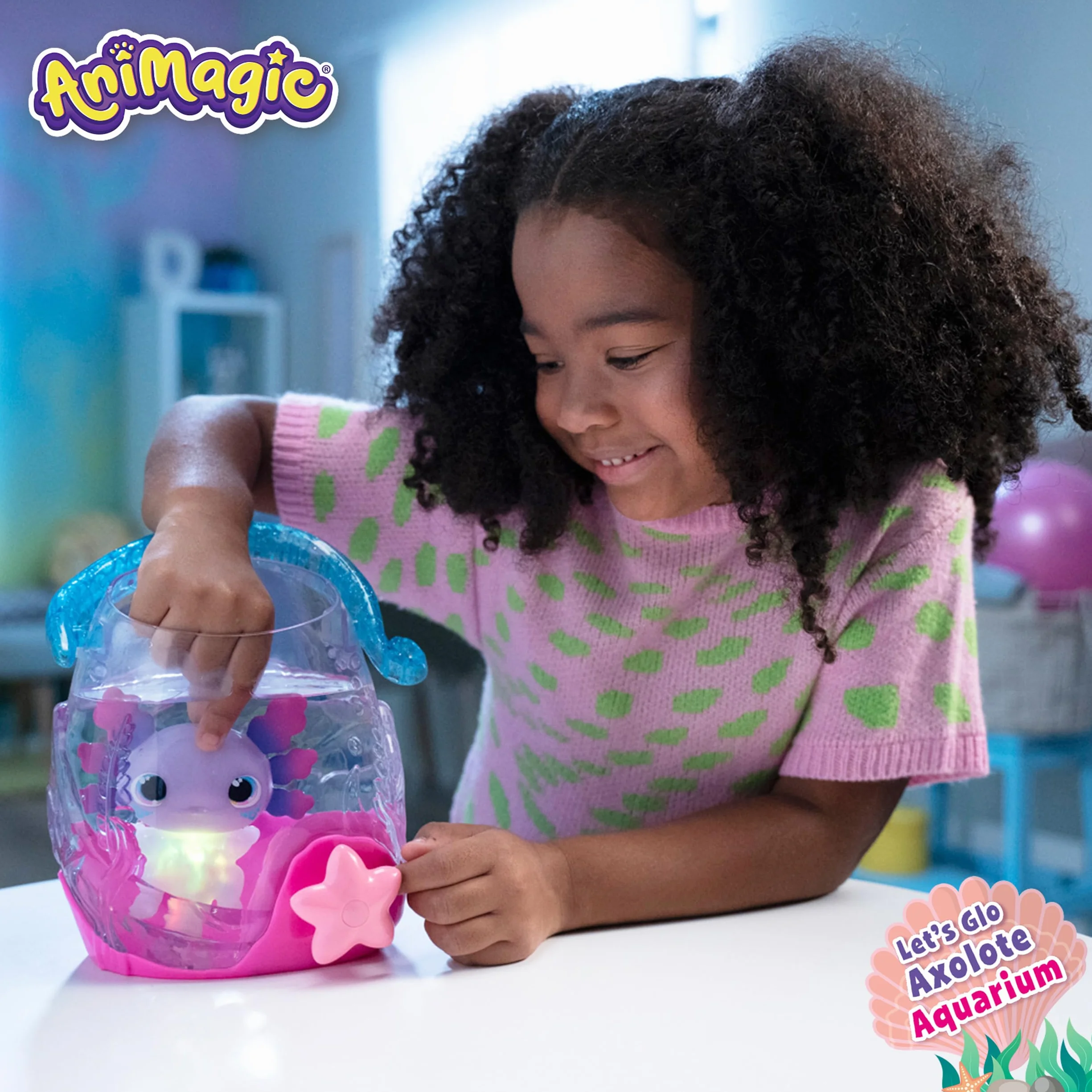 ANIMAGIC Let's Glo Axolotl Pack Bubble Reef Aquarium Interactif + 2 Axolotls Rose & Violet - Compagnons Électroniques & Lumineux - Flotte & Brille - Jeu Sensoriel Tactile pour Enfants dès 4 Ans