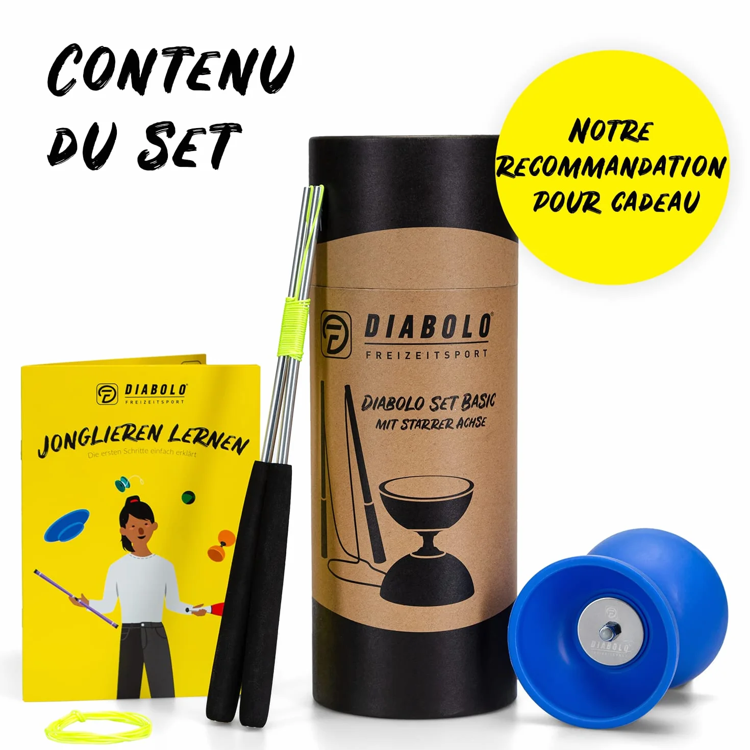Diabolo Set de Jonglage Basic Bleu - Baguettes Aluminium avec Ficelle de Remplacement et Guide