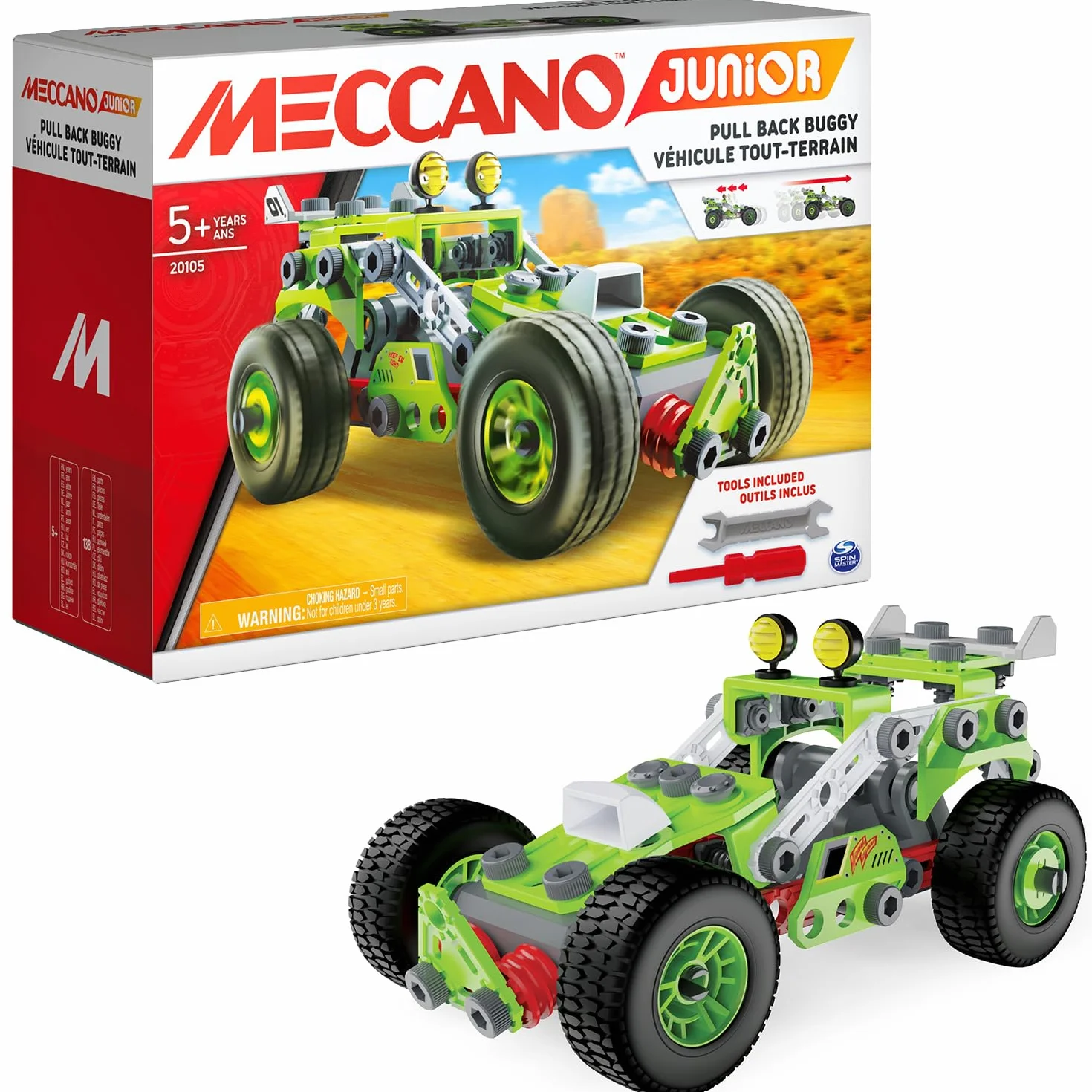 BANDAI Meccano Junior Ma Voiture à Rétro Friction Coffret Construction 138 pièces Moteur rétro-Friction Jouet Enfant 5 Ans+