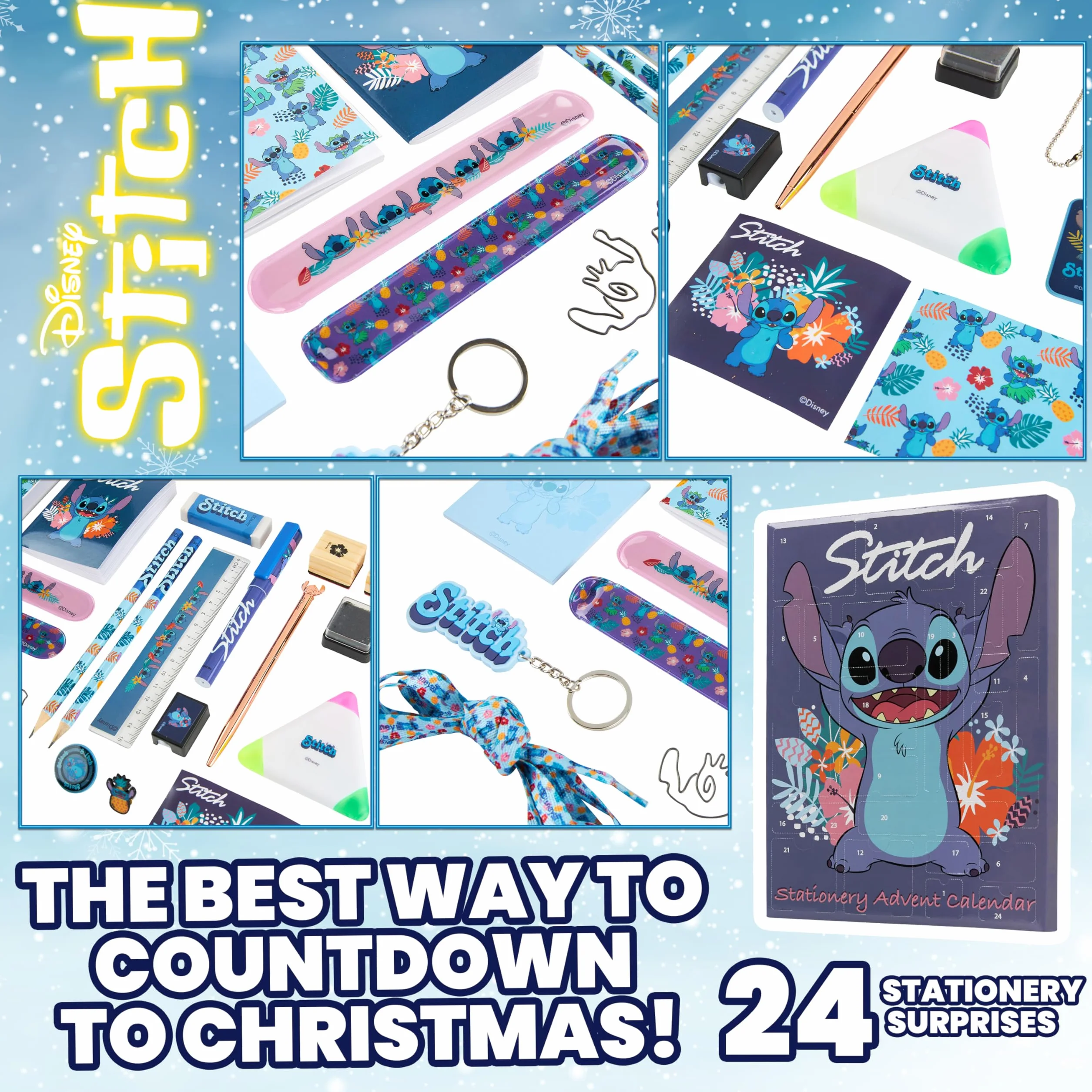 Disney Stitch Calendrier de l'Avent 2025 24 Surprises Papeterie Original Accessoires Kawaii Collier Porte-clés Stylo Bleu