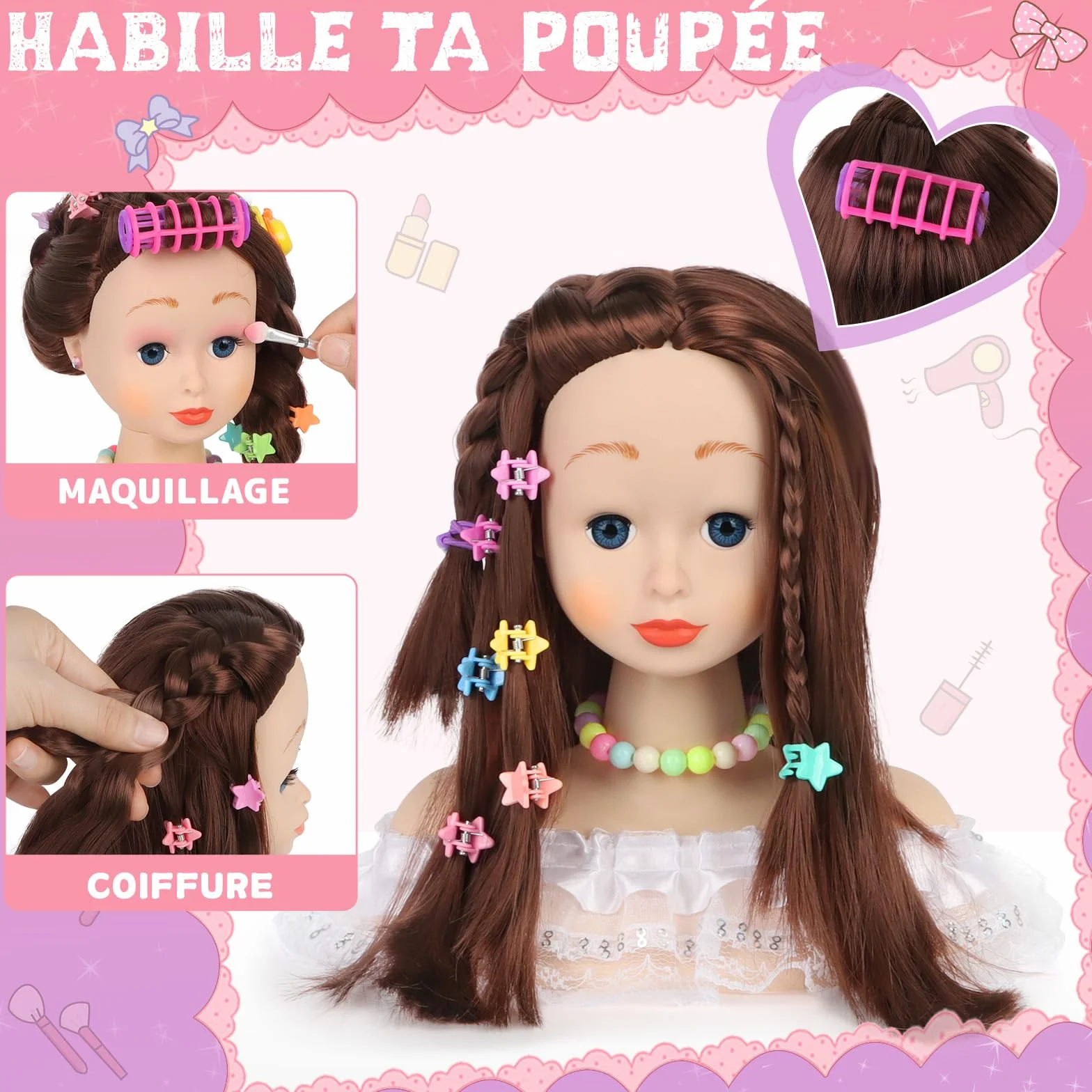 Têtes à Coiffer Enfant 66 Pièces Jouet de Maquillage et de Coiffure Cadeau Anniversaire Noël 3 Ans