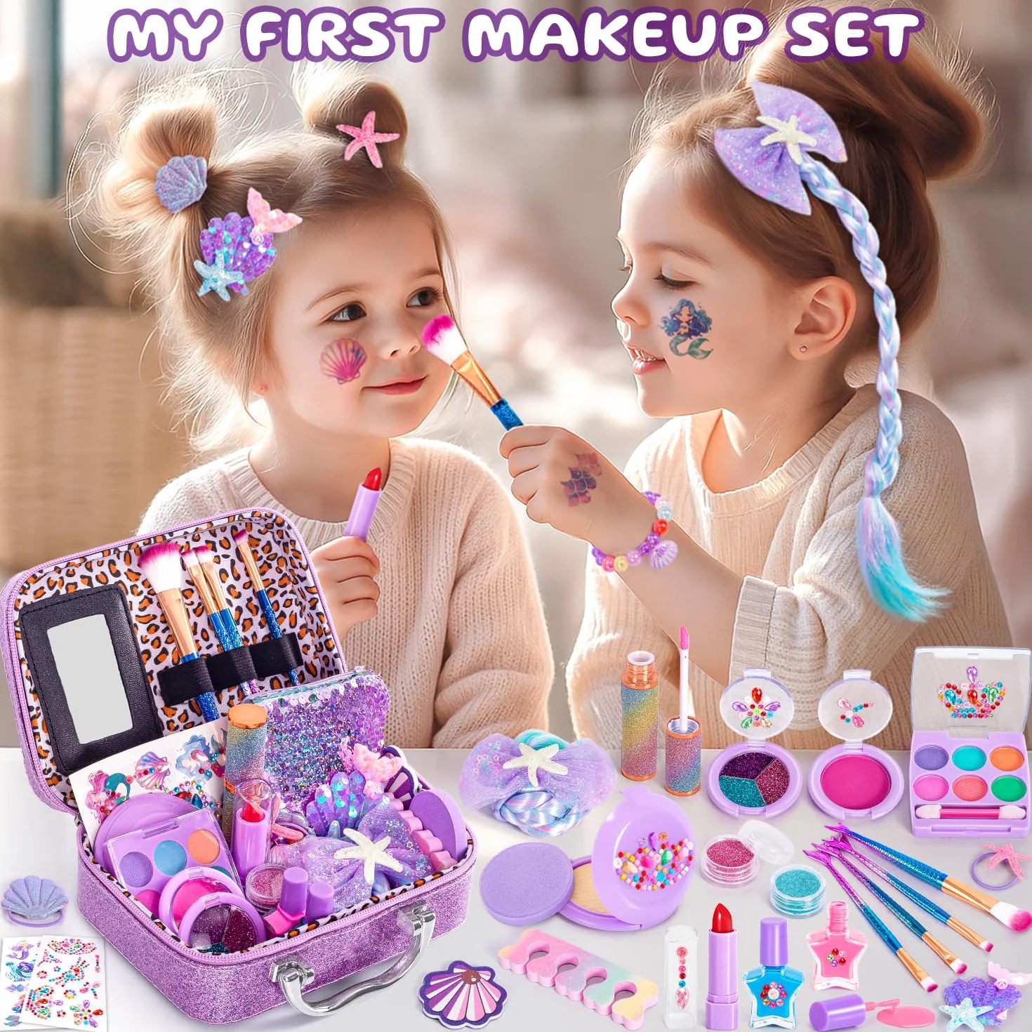 Kit Maquillage Enfant Fille avec Vernis à Ongles, Coffret Maquillage Princesse Jouet Non Toxique Lavable Cadeau Noël 3-10 Ans
