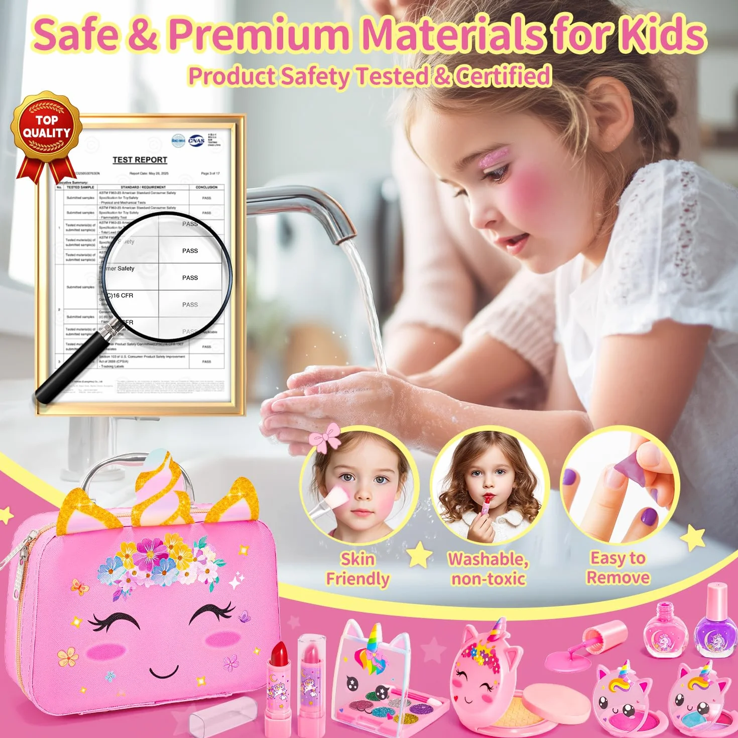 Malette Maquillage Enfant Fille Lavable avec Vernis à Ongles Rouge à Lèvres Jouet Cadeau 3-10 ans
