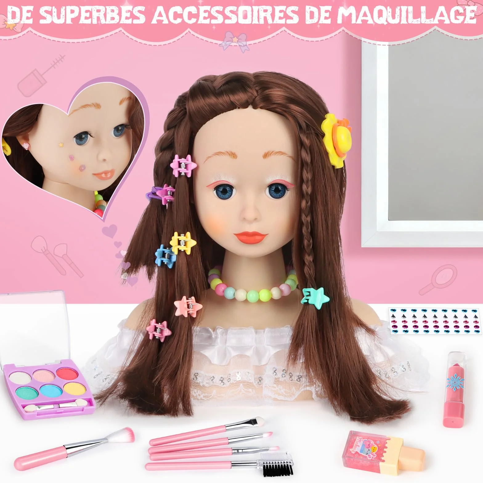 Têtes à Coiffer Enfant 66 Pièces Jouet de Maquillage et de Coiffure Cadeau Anniversaire Noël 3 Ans