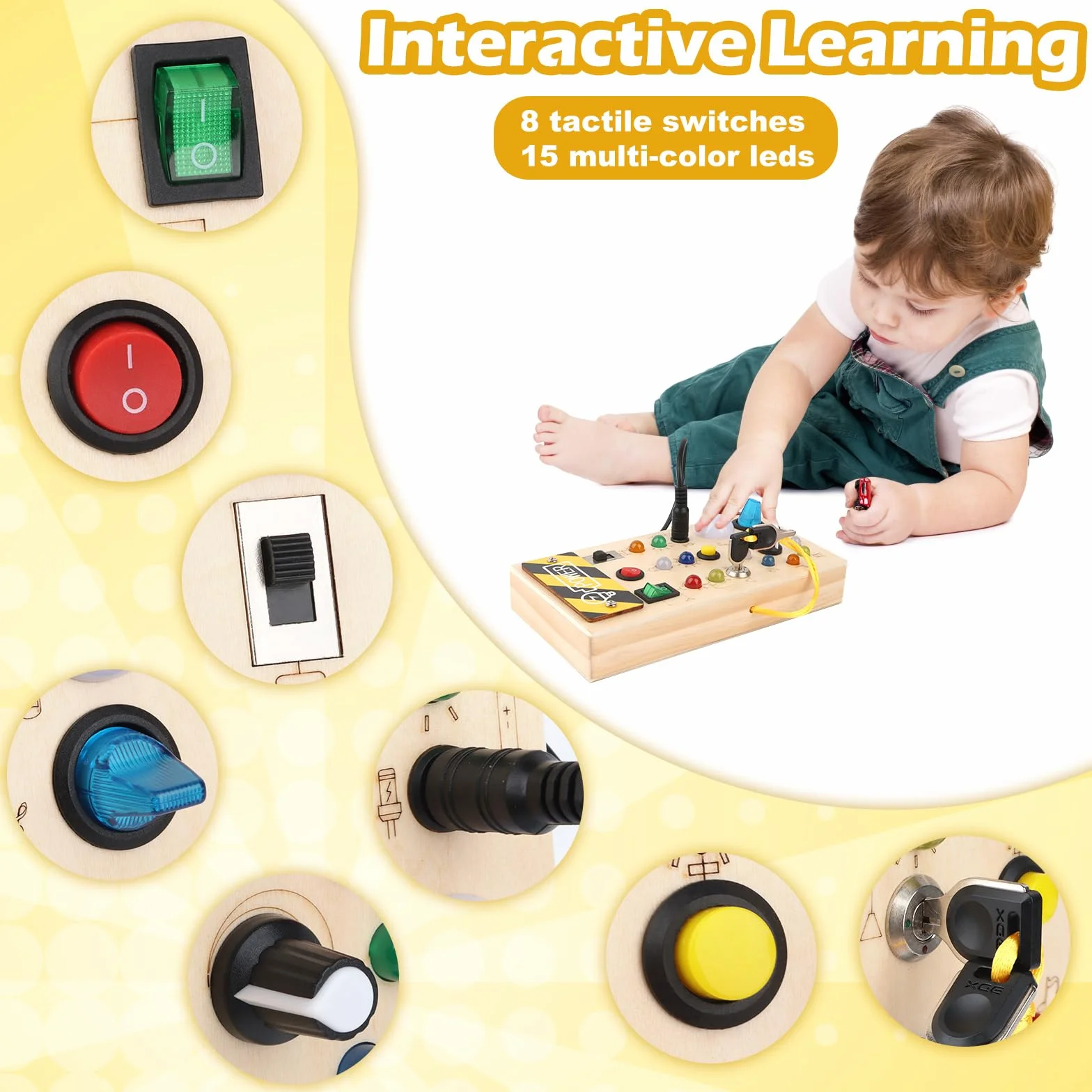 Talifoca Montessori Busy Board 1 an, Planche d'activité en bois avec 8 interrupteurs LED, jouet d'apprentissage sensoriel