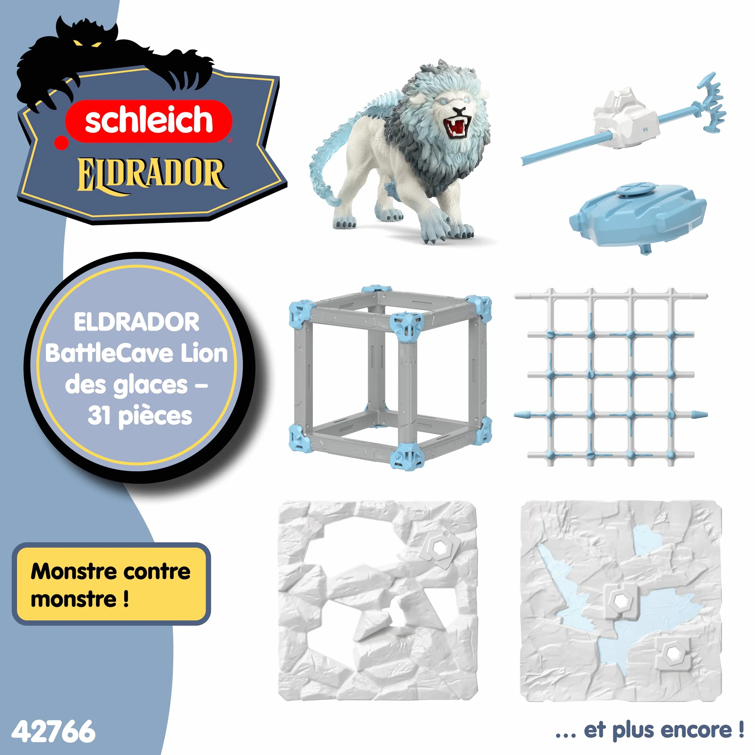Schleich ELDRADOR Creatures Battle Cave Lion de Glace 42766 Coffret Monstre toupie Grille Cristal 31 pièces Jouet dès 7 Ans