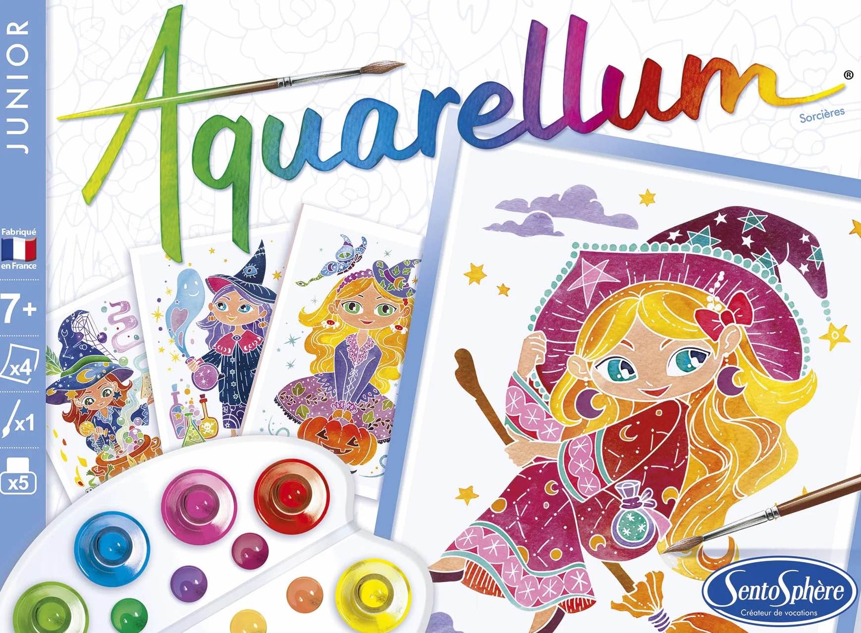 SentoSphère Aquarellum Junior Kit peinture magique enfant dès 6 ans Sorcieres 4 tableaux 5 peintures créatives Made in France