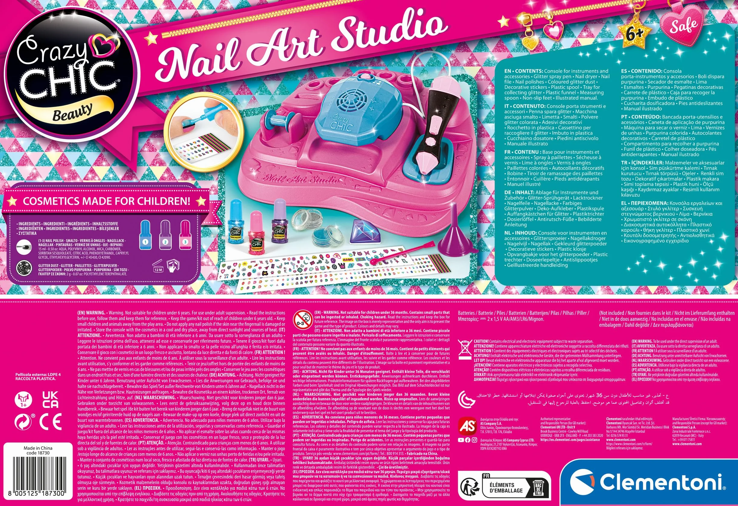Clementoni Nail Art Studio Jeu Créatif Enfant Kit Ongles Trendy Vernis Stickers Paillette